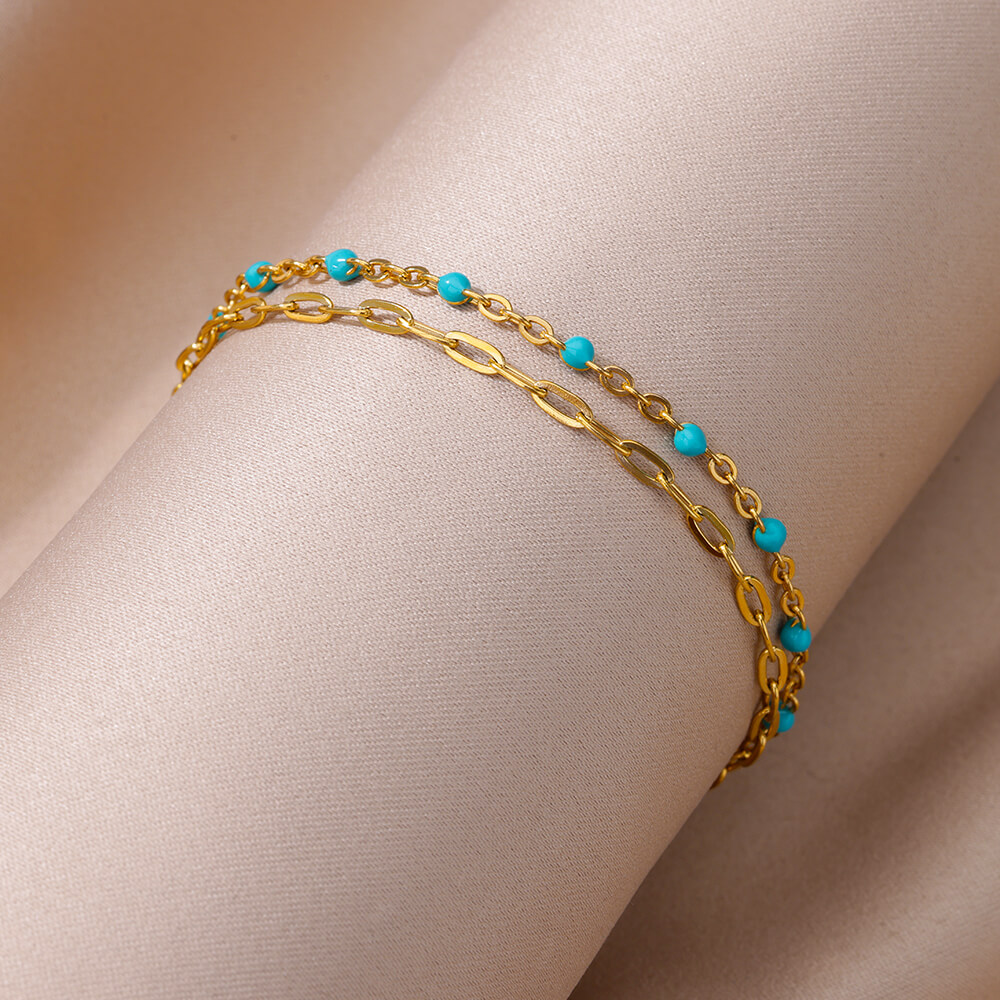 Gold Chain Anklets with Turquoise Beads