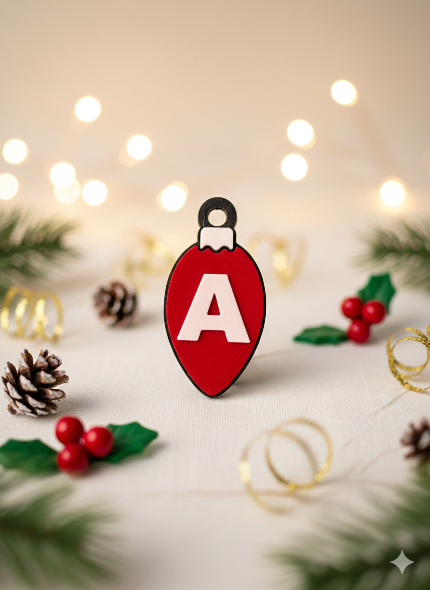Classic tree bulb shape with one embossed letter (A-Z) per ornament.