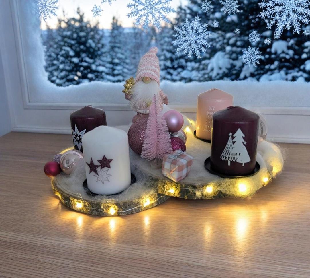 Adventskranz - einmalig schön / Baumscheiben aus Birkenholz 35x30x20 cm, 4 Kerzen / LED Lichterkette-6h Timer / haltbar & wiederverwendbar