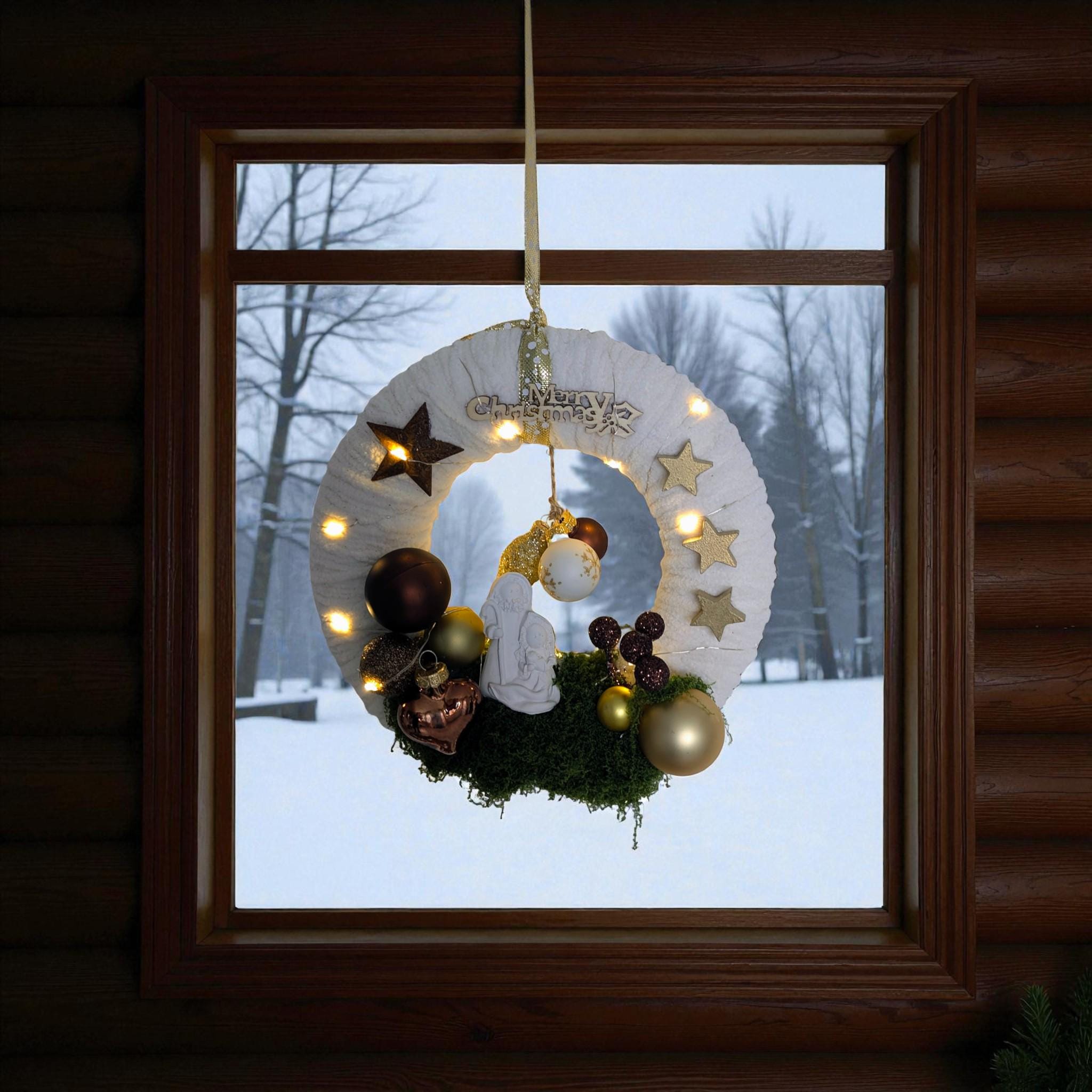 Fensterkranz - Türkranz - Wandkranz / Weihnachten / Weihnachtskranz / LED Lichterkette mit 6h-Timer / einmalig & besonders in Handarbeit