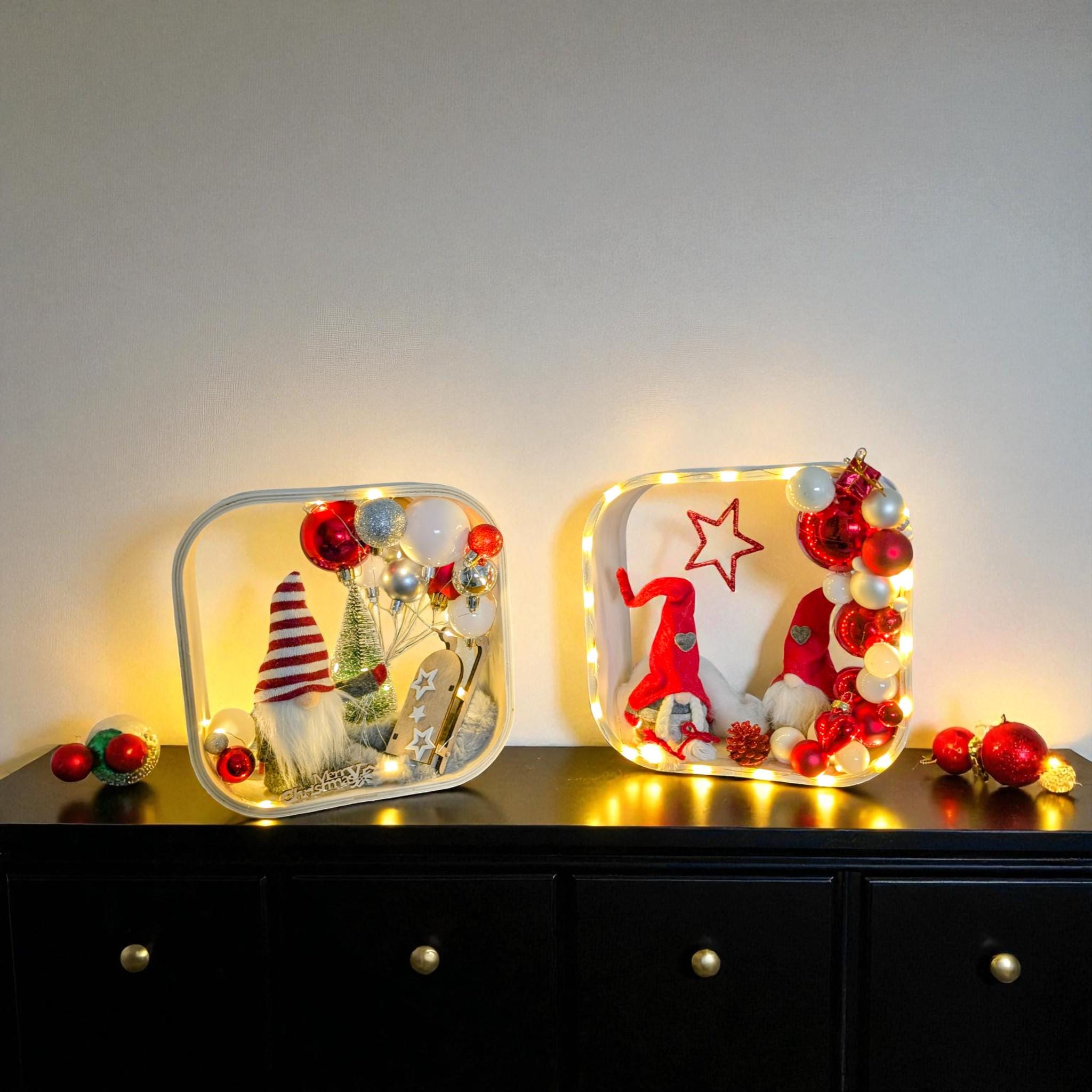 Weihnachtsdeko / LED-Lichterkette / Wanddekoration / Tischdekoration / Weihnachten / Weiß / Rot / Weihnachtswichtel / Aufsteller