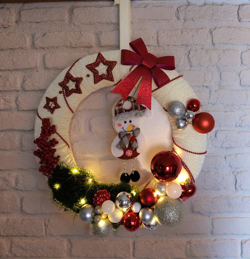 Türkranz beleuchtet / Wandkranz / Weihnachten / Weihnachtskranz / LED Lichterkette mit Timer /Rehkitz / / Handmade / Wichtel / Rosa / Grün