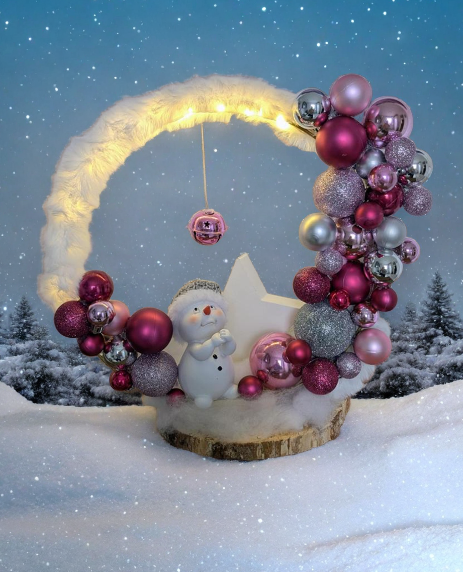 Loop mit LED-Lichterkette / Standfuß aus Birkenholz / Weihnachten / Rosa-Silber-Violett / Schneemann / Stern / Beleuchtet / Kerakraft