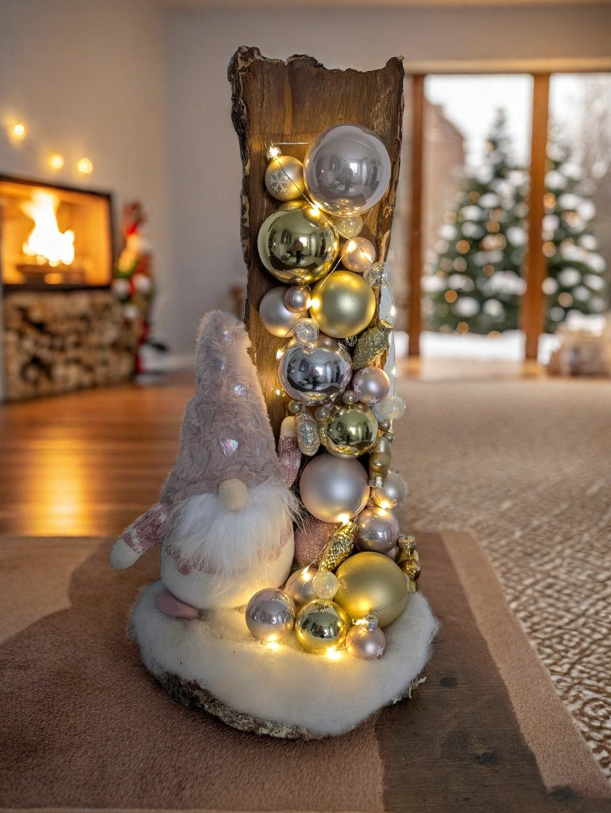 Weihnachtsdeko - Adventzeit - Dekorierte Baumrinde - LED Lichterkette