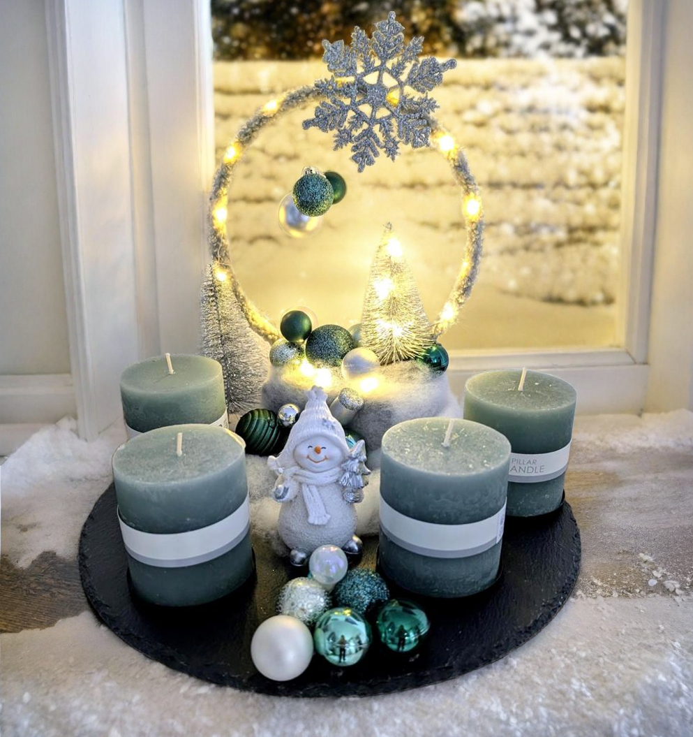 Adventskranz / Schieferplatte / Loop / - 4 Kerzen / Petrol / Lichterkette / haltbar / wiederverwendbar / schwarz / Adventsgesteck / Handmade