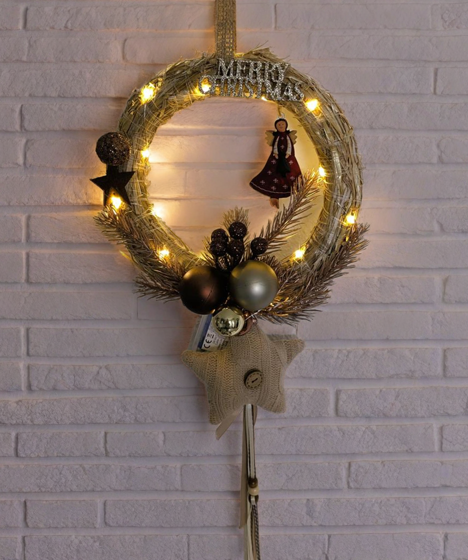 Türkranz beleuchtet / Wandkranz / Weihnachten / Weihnachtskranz / LED Lichterkette /Jute / Stroh / Holz / Engel / Rot / Silber / Gold / Lila