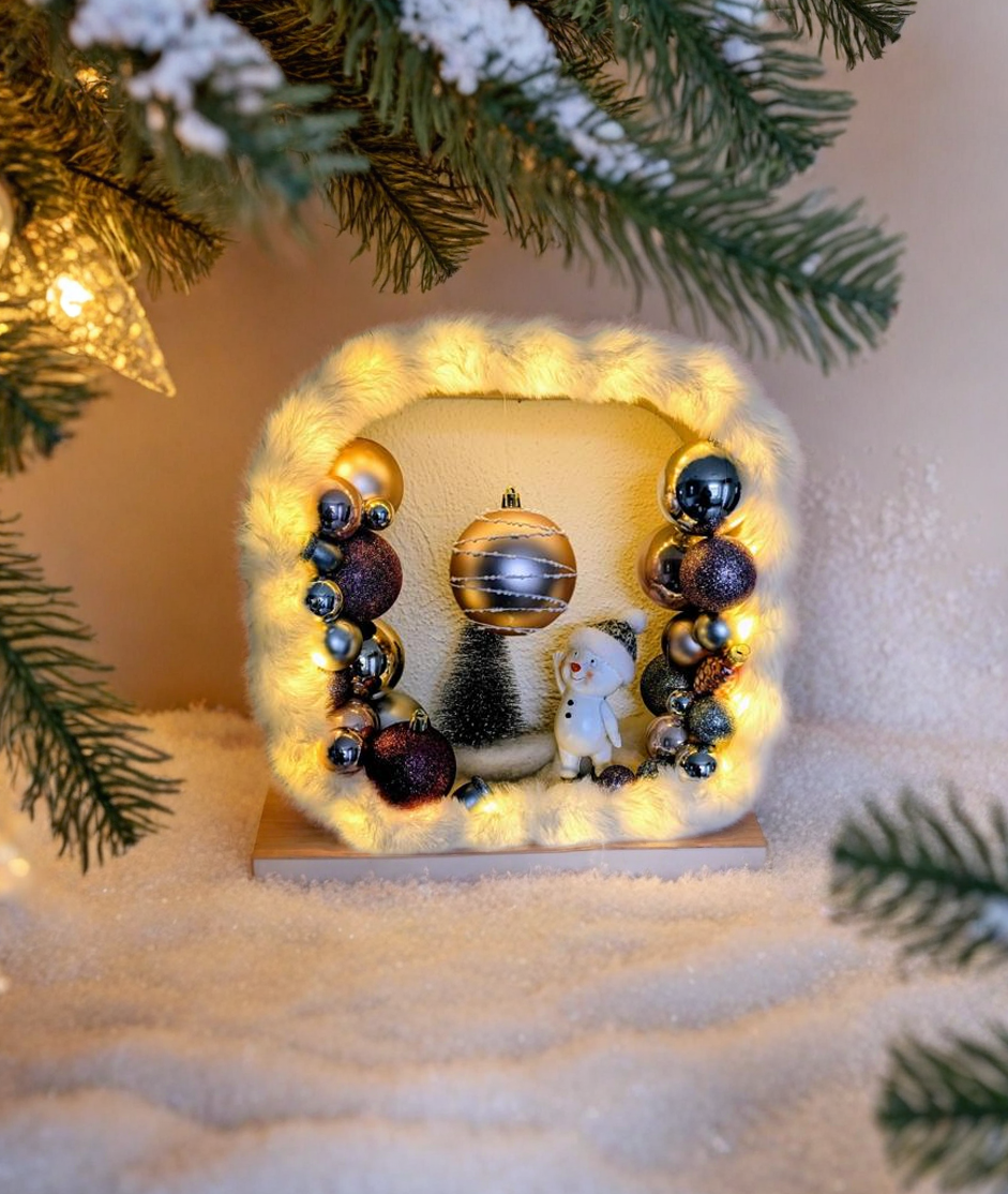 Weihnachtsdeko mit LED-Lichterkette  /Wand-Deko / Tischdeko/ Weihnachten / Kugeln in Rosa-Silber-Violett / Schneemann / Handgefertigt