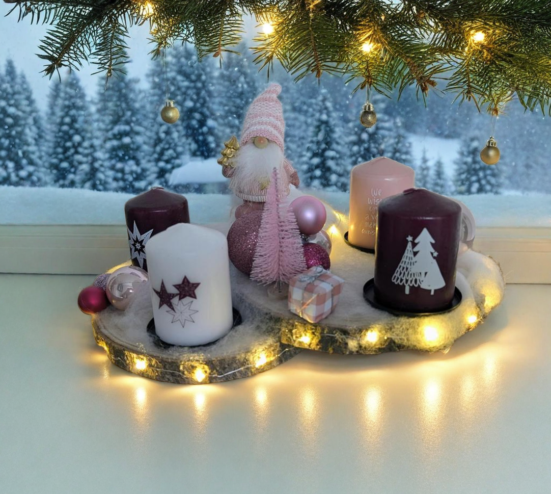 Adventskranz aus Birkenholz, handgefertigt mit LED-Lichterkette & Weihnachtswichtel- einzigartiges Adventsgesteck