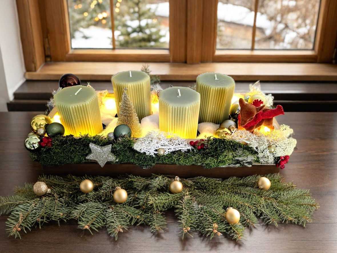 Adventsboard aus Holz, handgefertig mit LED Lichterkette & mit grünen Kerzen - einzigartiger Adventskranz - Weihnachten - Deko  - Advent