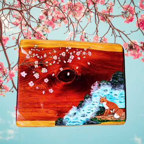 Fox and Cherry Blossoms Wood Art 