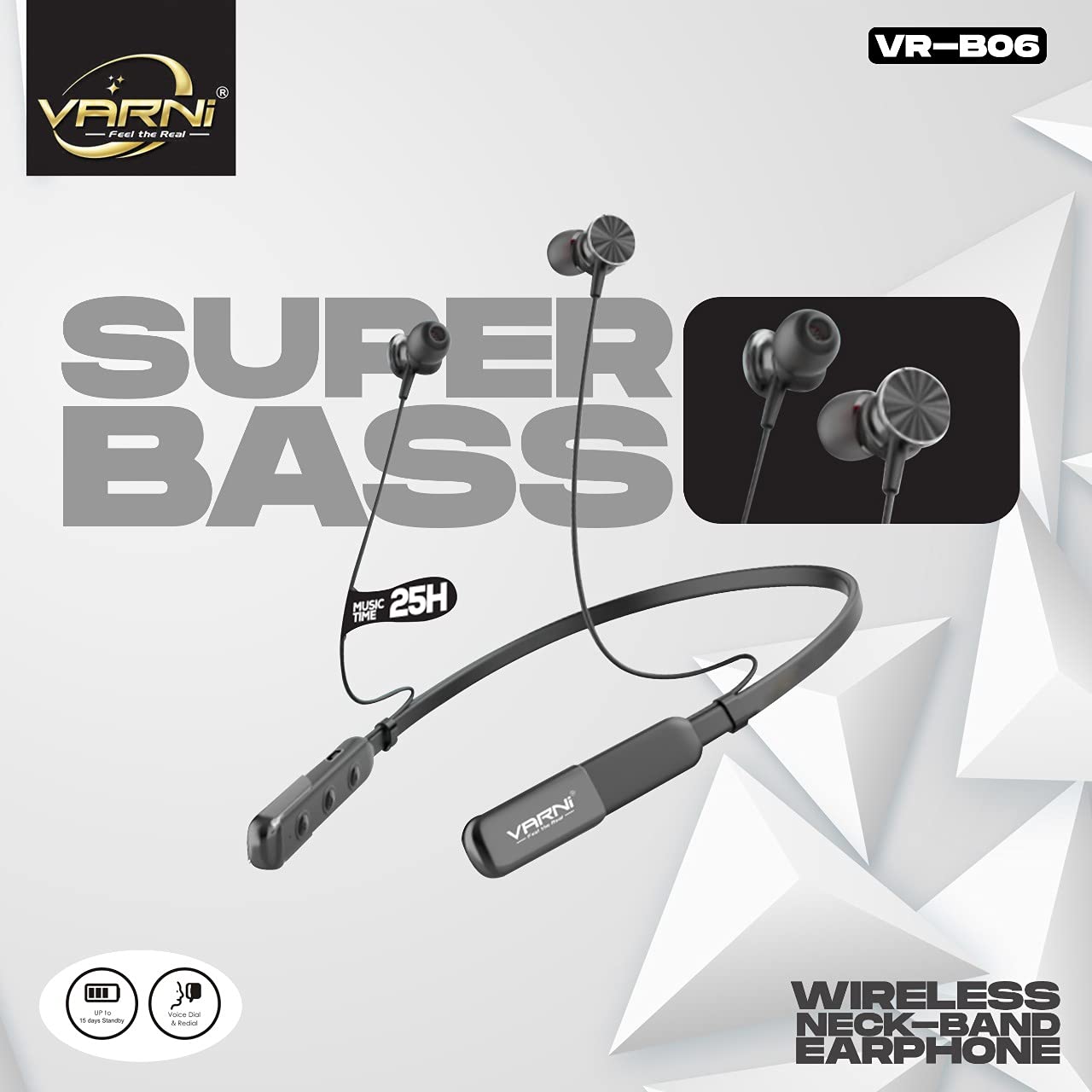 VARNI B06 Super Bass Wireless Megnetic Neck-Band Earphone,Sweatprof,Music Time 25 Hours,Hand-Free Calls