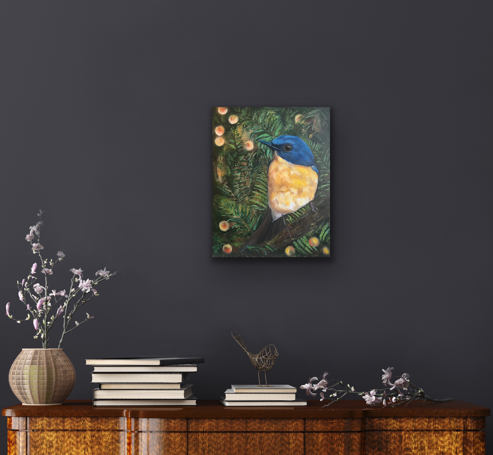 Dreamy bird sitting on a branch