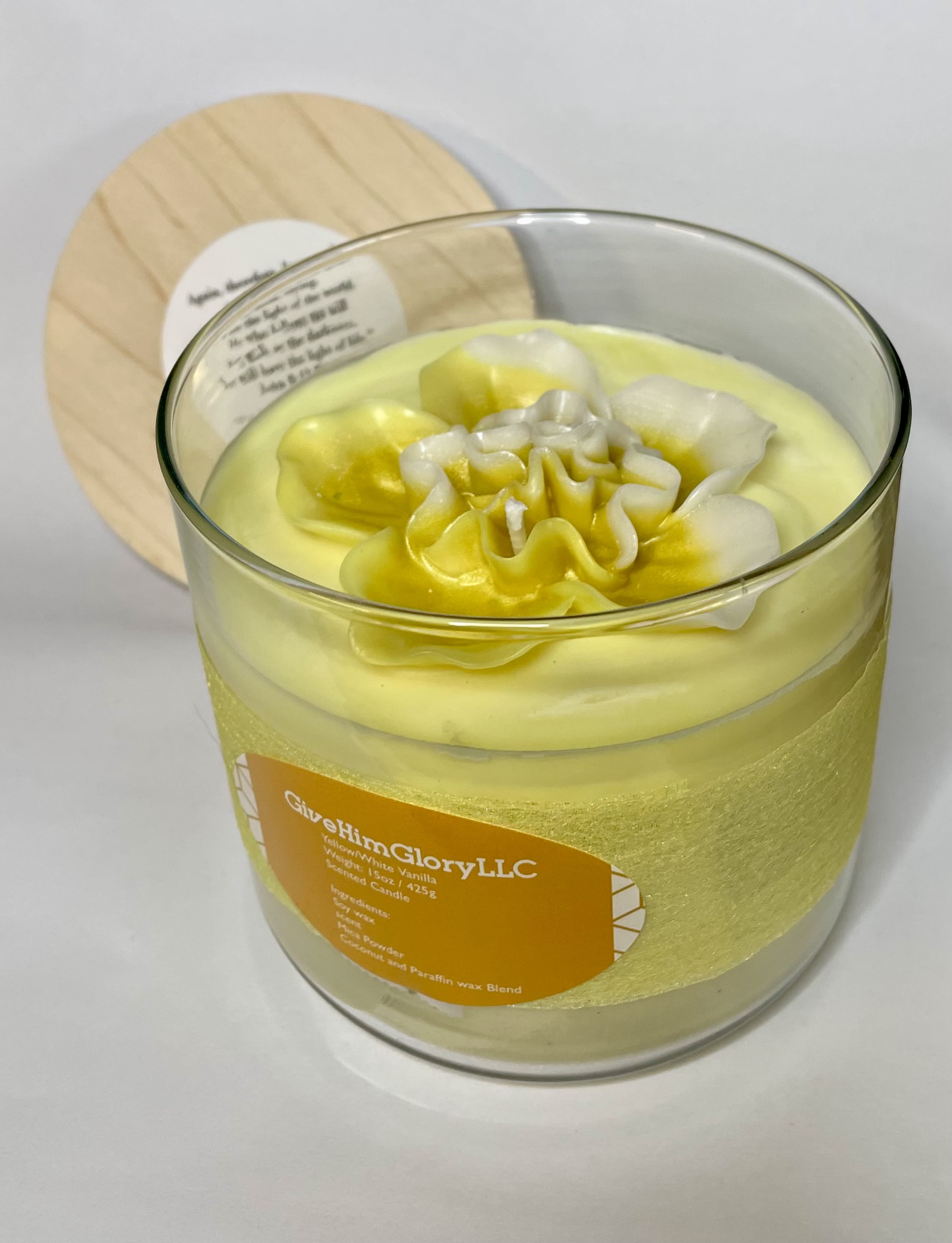 Vanilla Flower Decorative Scented Candle - Yellow & White - Scripture John 8:12