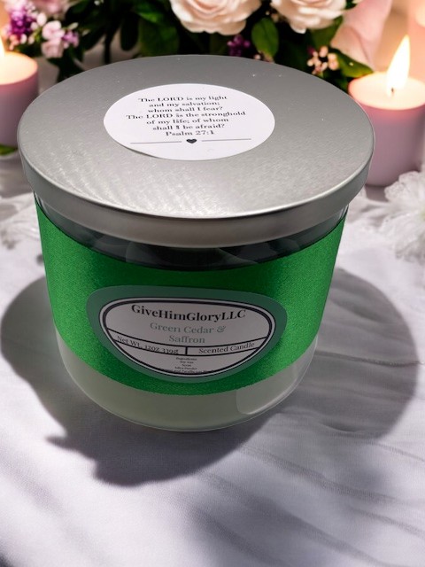 Green Cedar & Saffron Scented Candle Scripture Psalm 27:1
