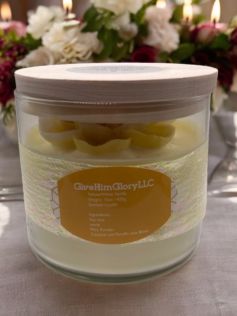 Vanilla Flower Decorative Scented Candle - Yellow & White - Scripture John 8:12