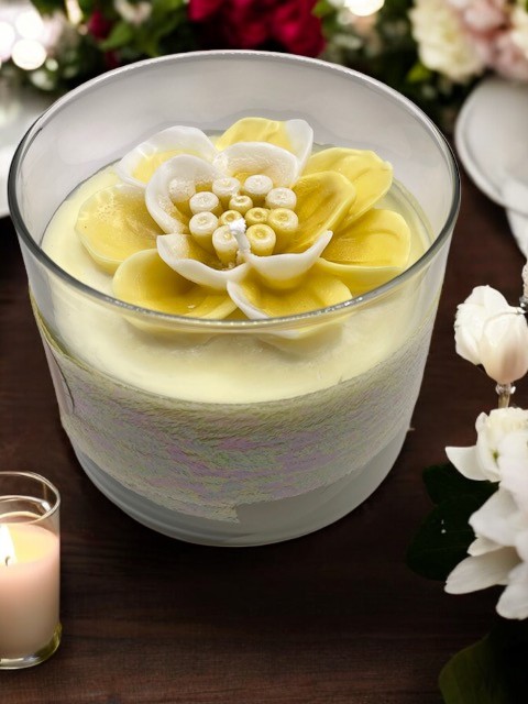 Vanilla Flower Decorative Scented Candle - Yellow & White - Scripture John 8:12