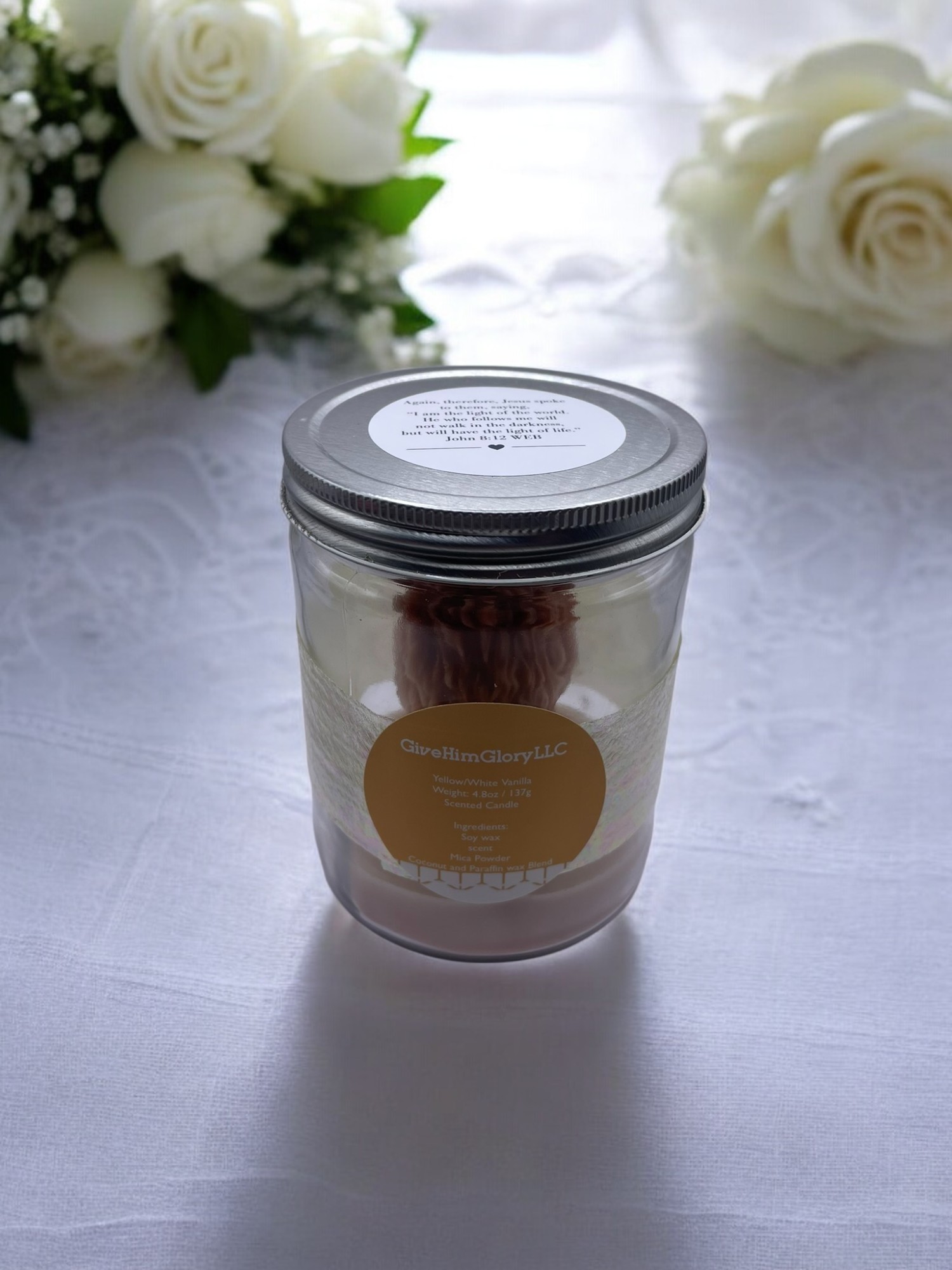 Yellow & White Lion-Shaped Candle -Vanilla - Scripture John 8:12