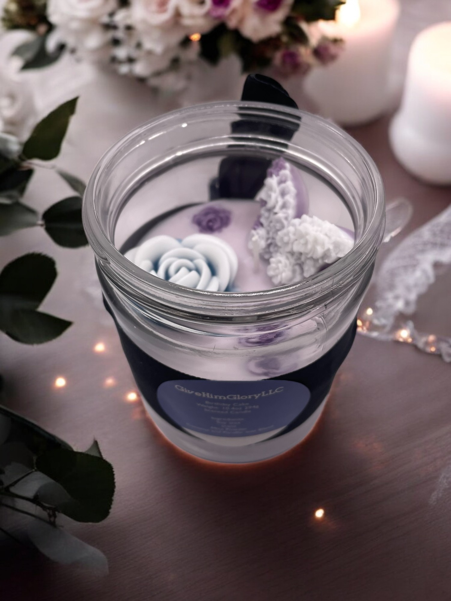 Blue-Purple Birthday Cake Scented Candle Scripture John 8:12