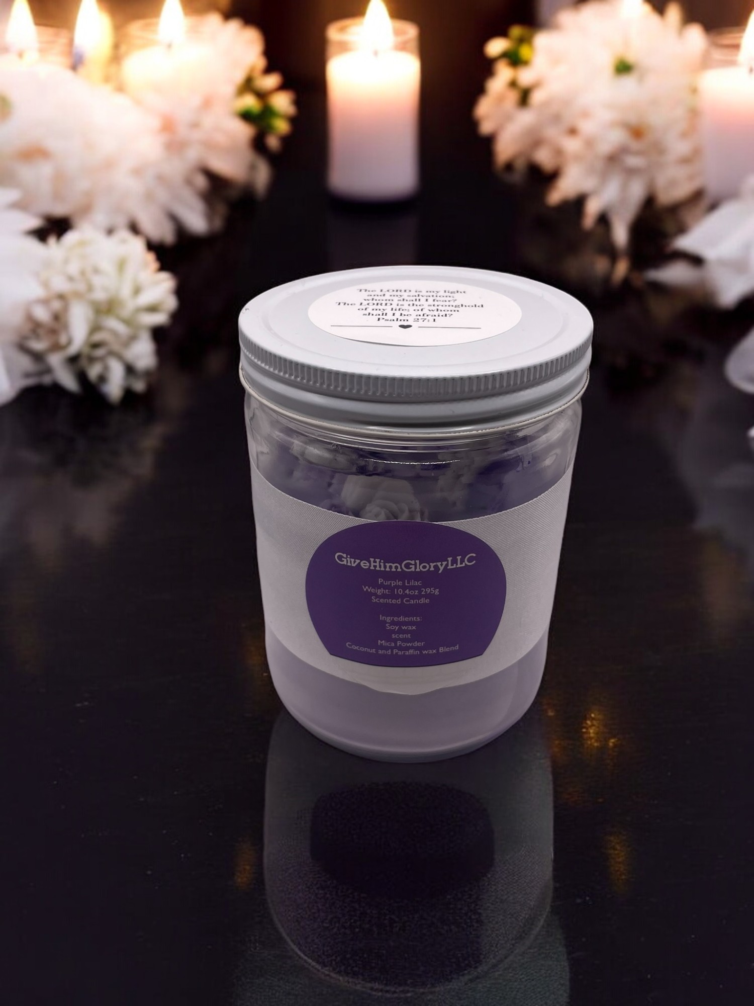 Purple Lilac Scented Candle Scripture Psalm 27:1