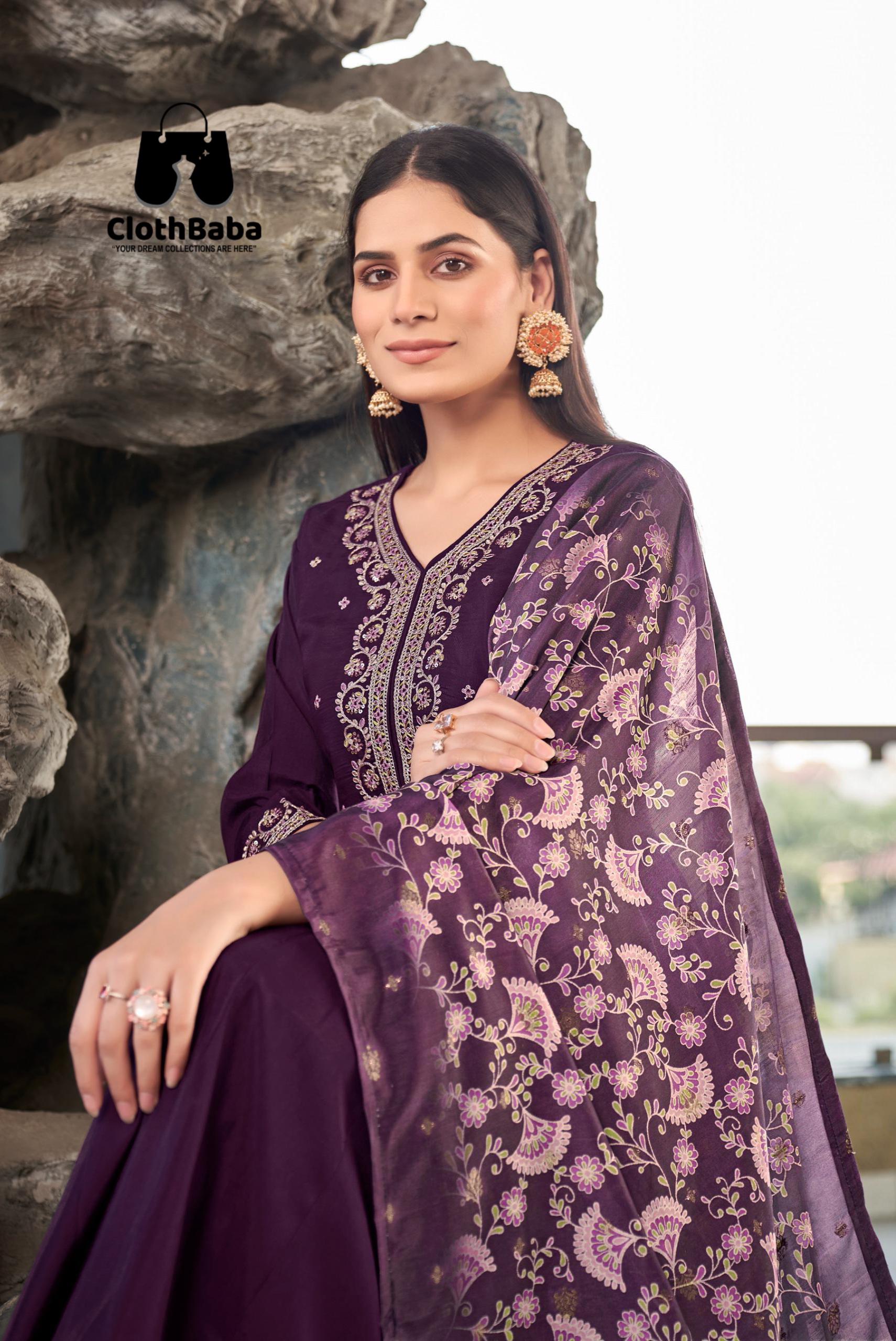 Stylish Wine Readymade Embroidered Roman Silk Suit 