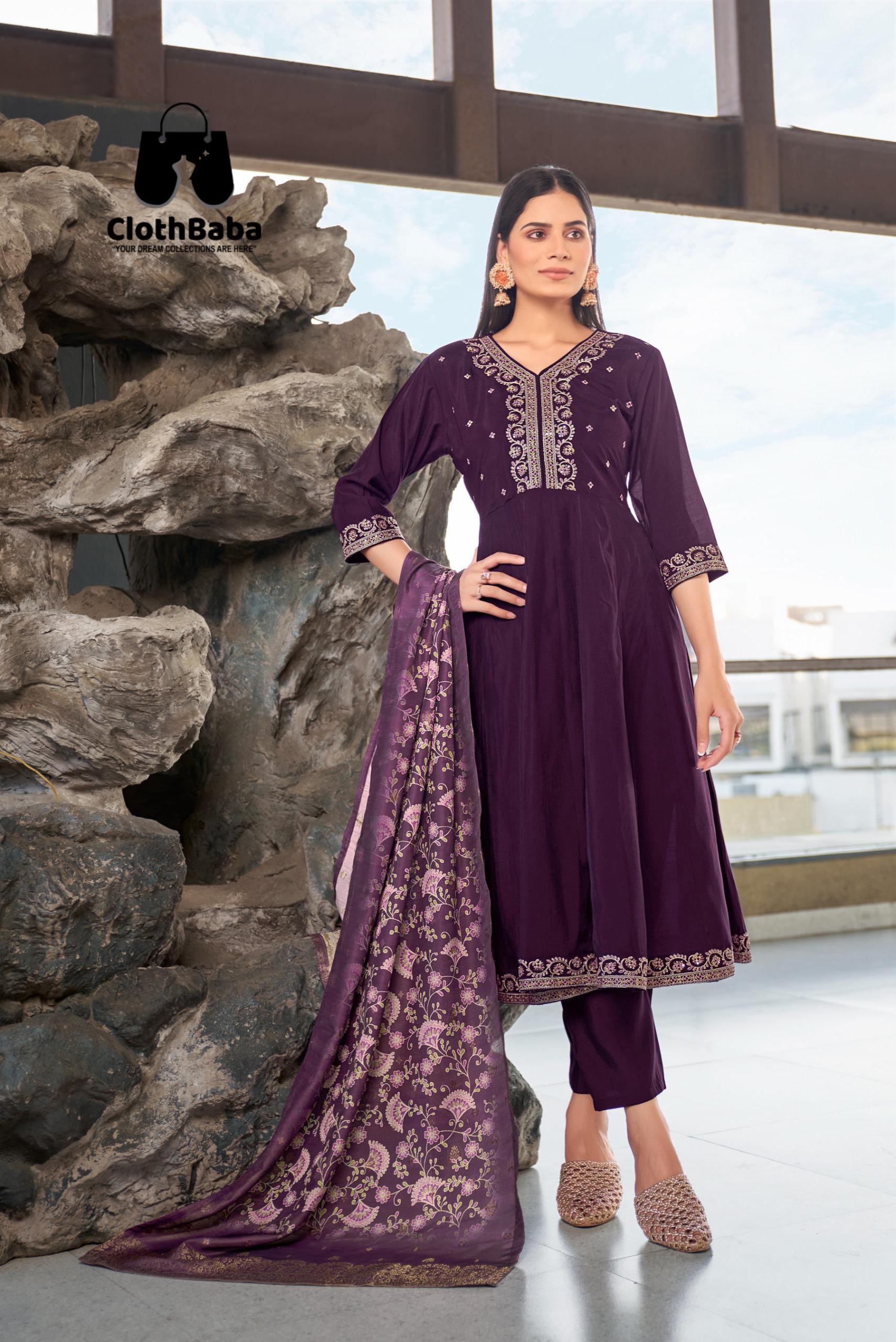 Stylish Wine Readymade Embroidered Roman Silk Suit