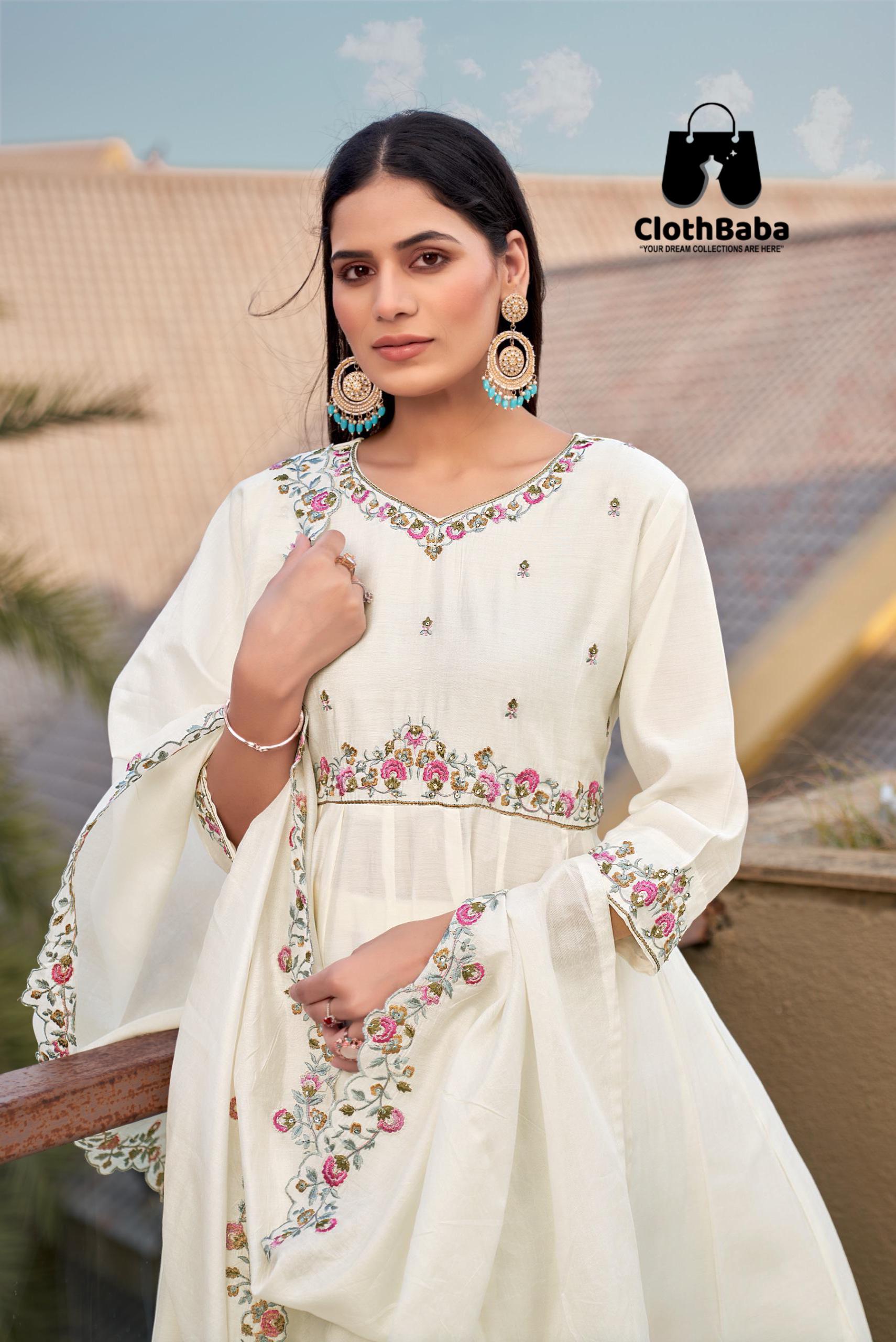 Embroidered White Roman Silk Readymade Suit 