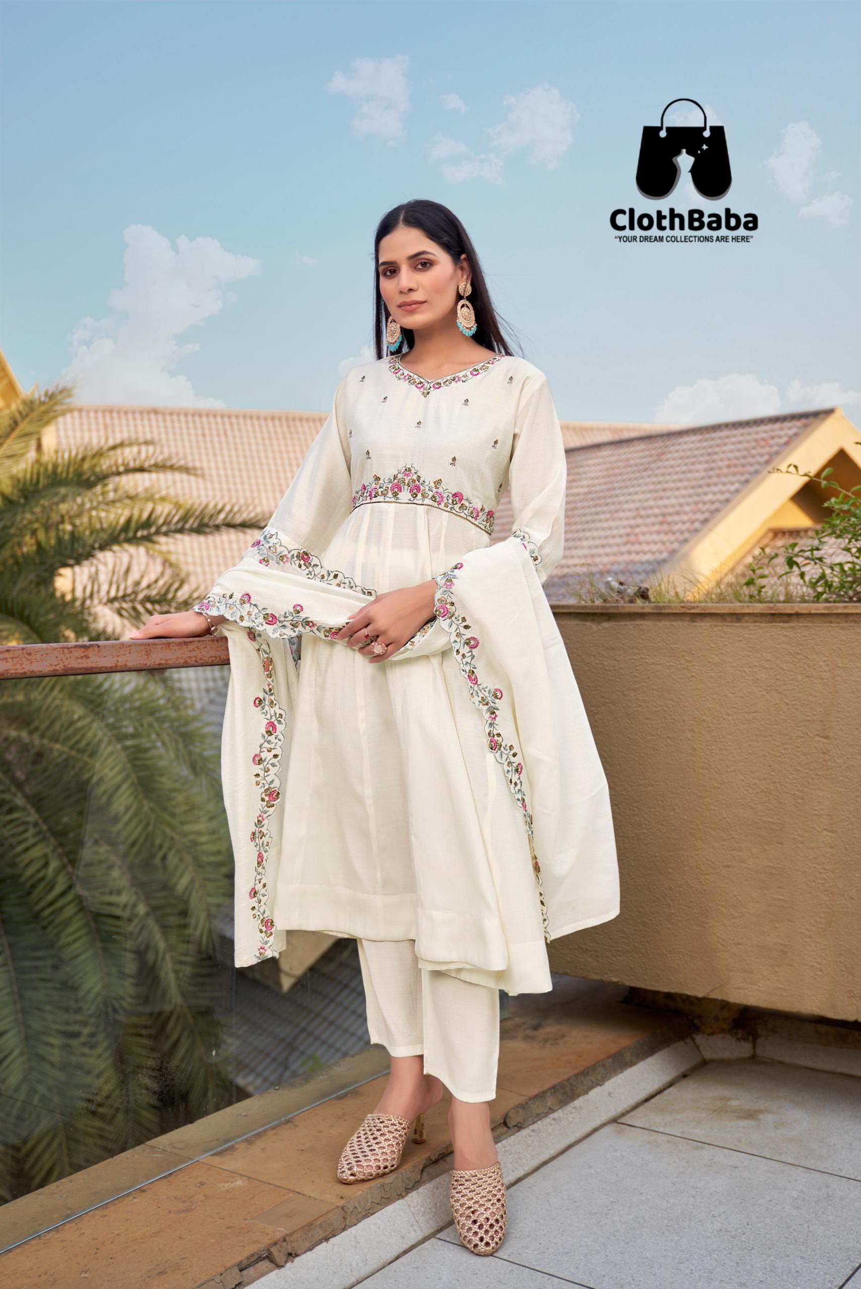Embroidered White Roman Silk Readymade Suit
