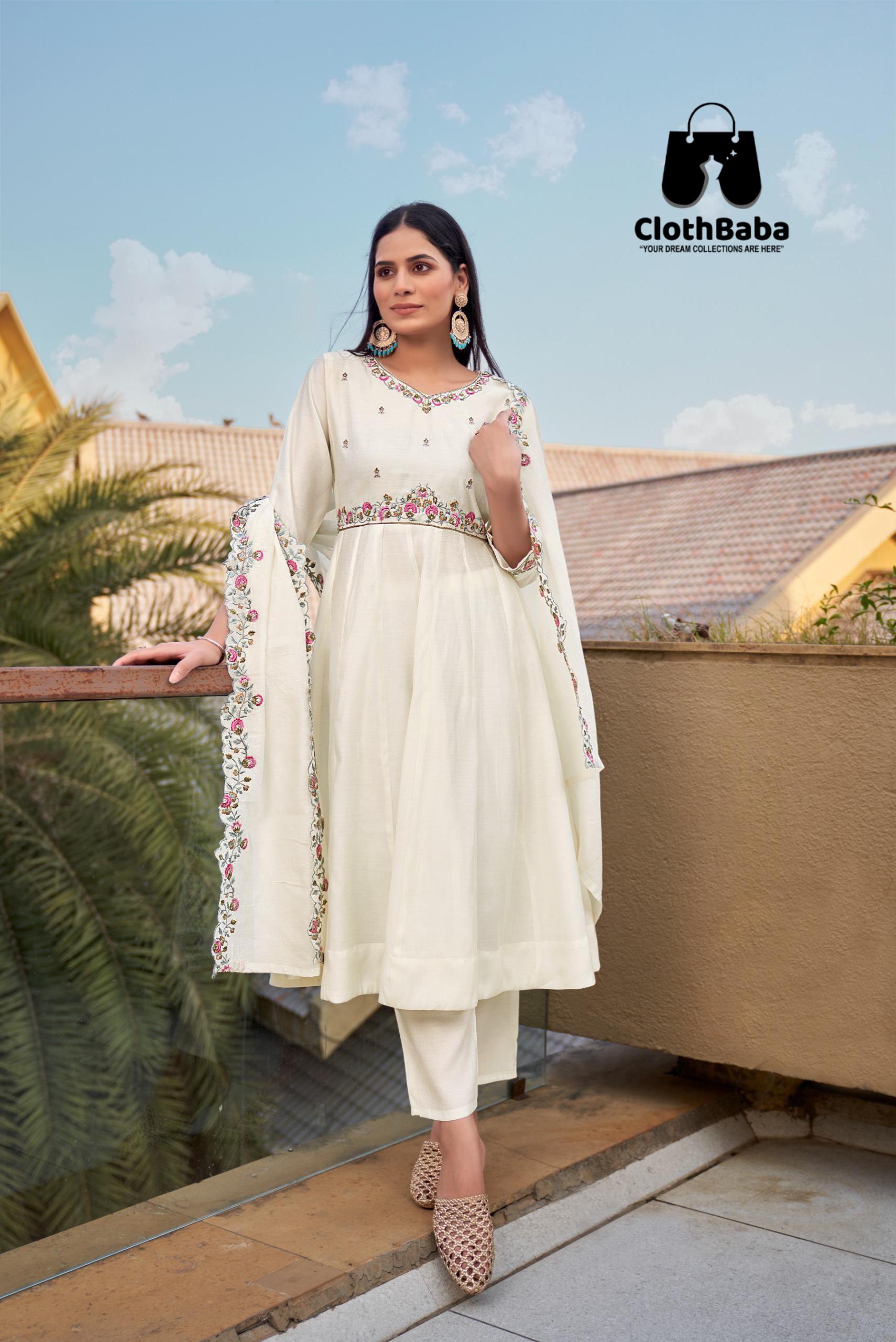 Embroidered White Roman Silk Readymade Suit 