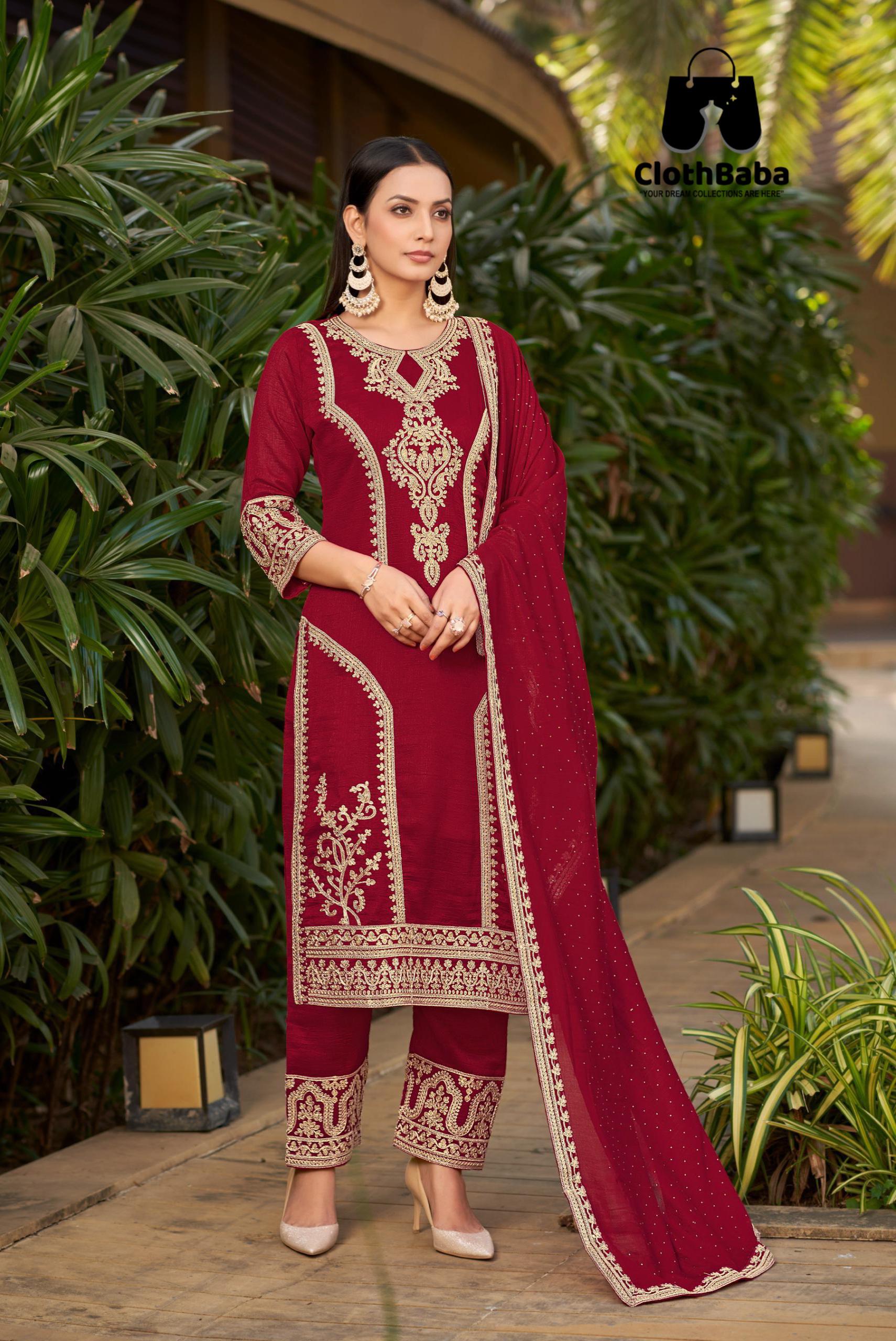 Luxurious Vichitra Silk Embroidered Suit