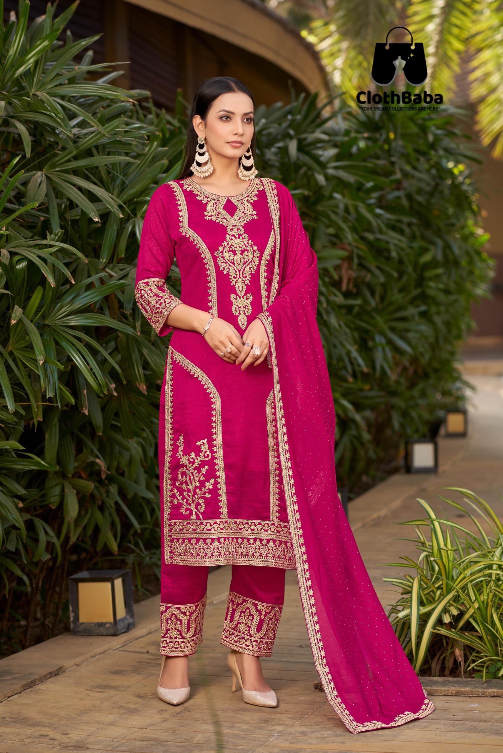 Luxurious Vichitra Silk Embroidered Suit