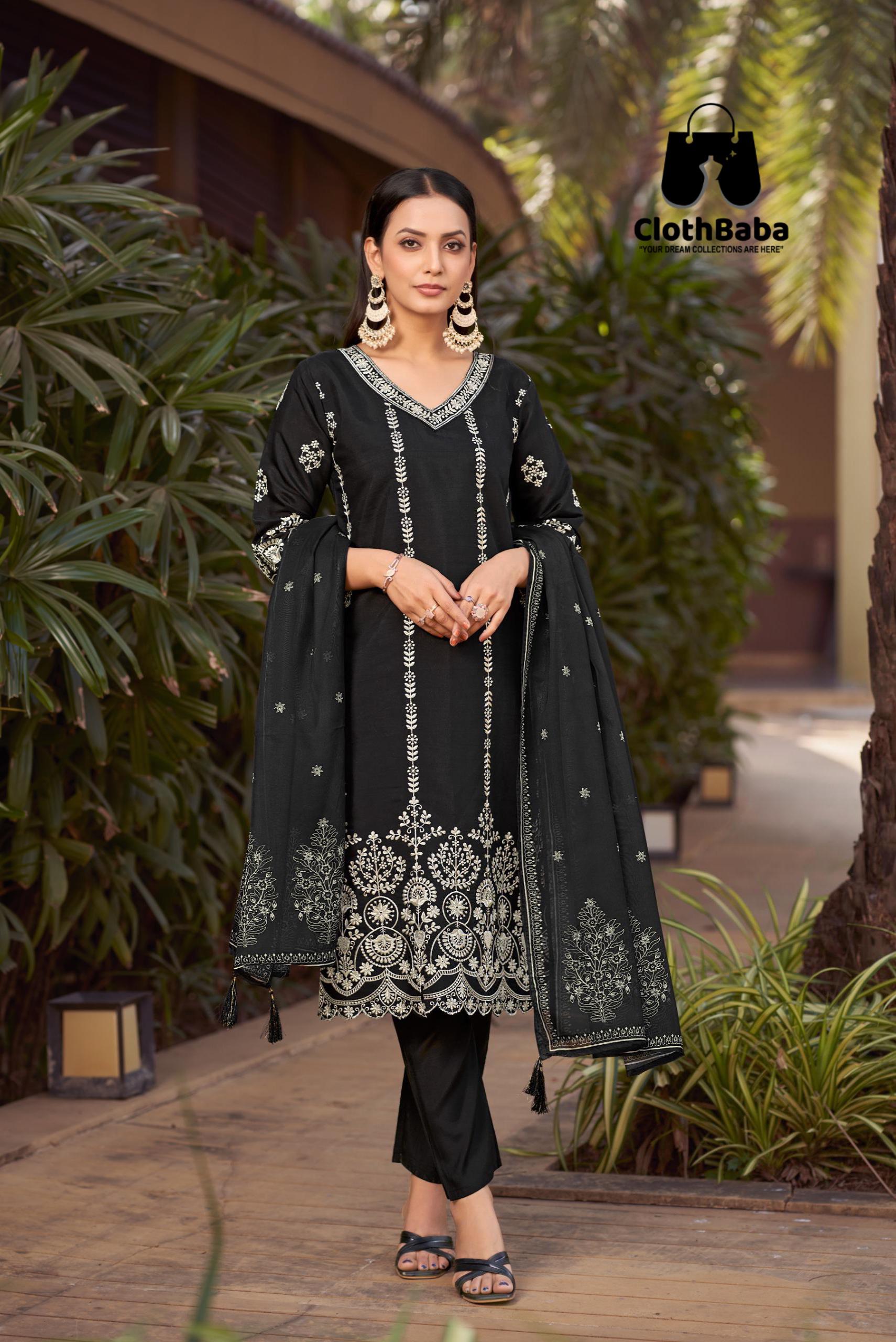 Readymade Roman Silk Suits with White Thread Work & Tabby Silk Dupatta