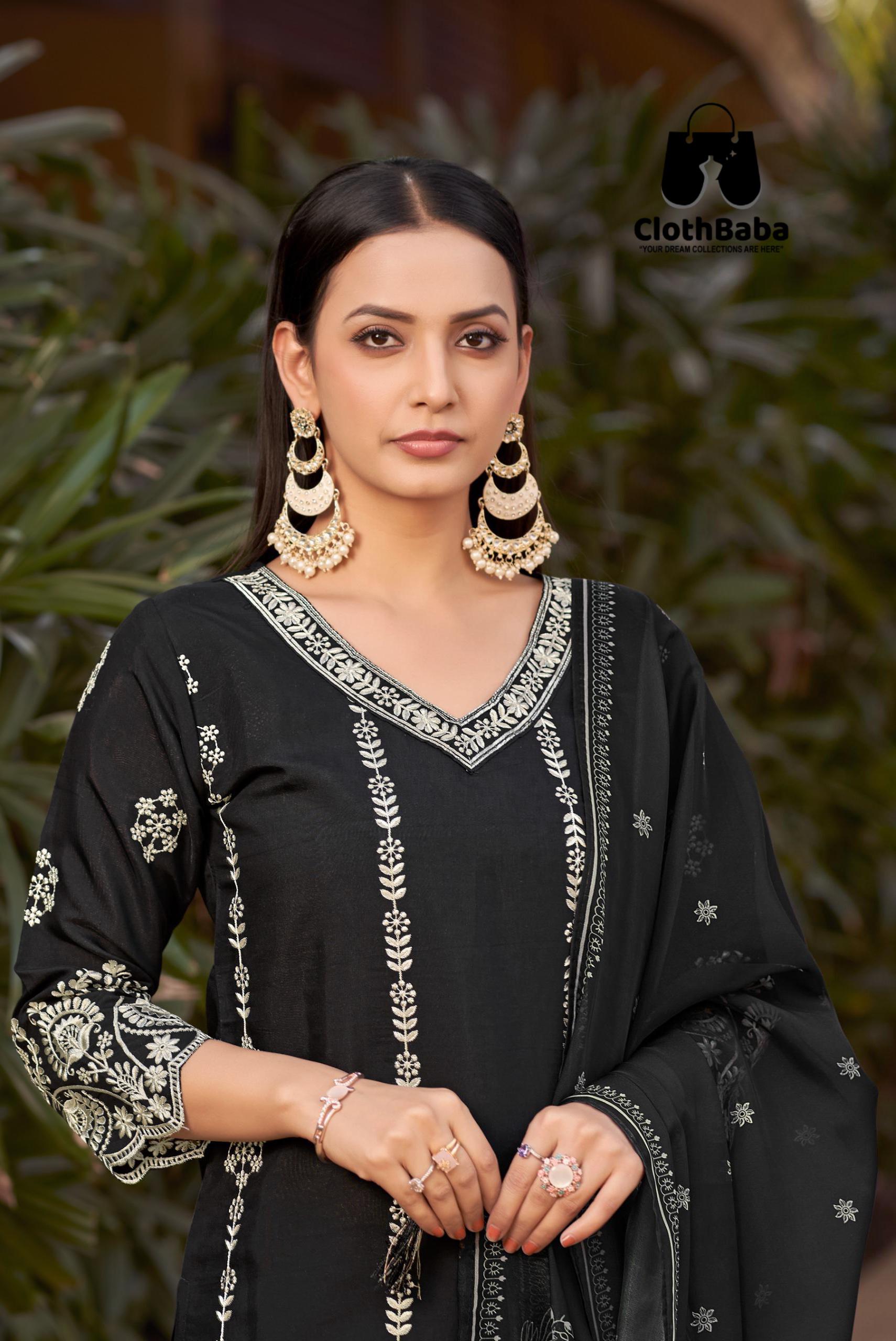 Readymade Roman Silk Suits with White Thread Work & Tabby Silk Dupatta 