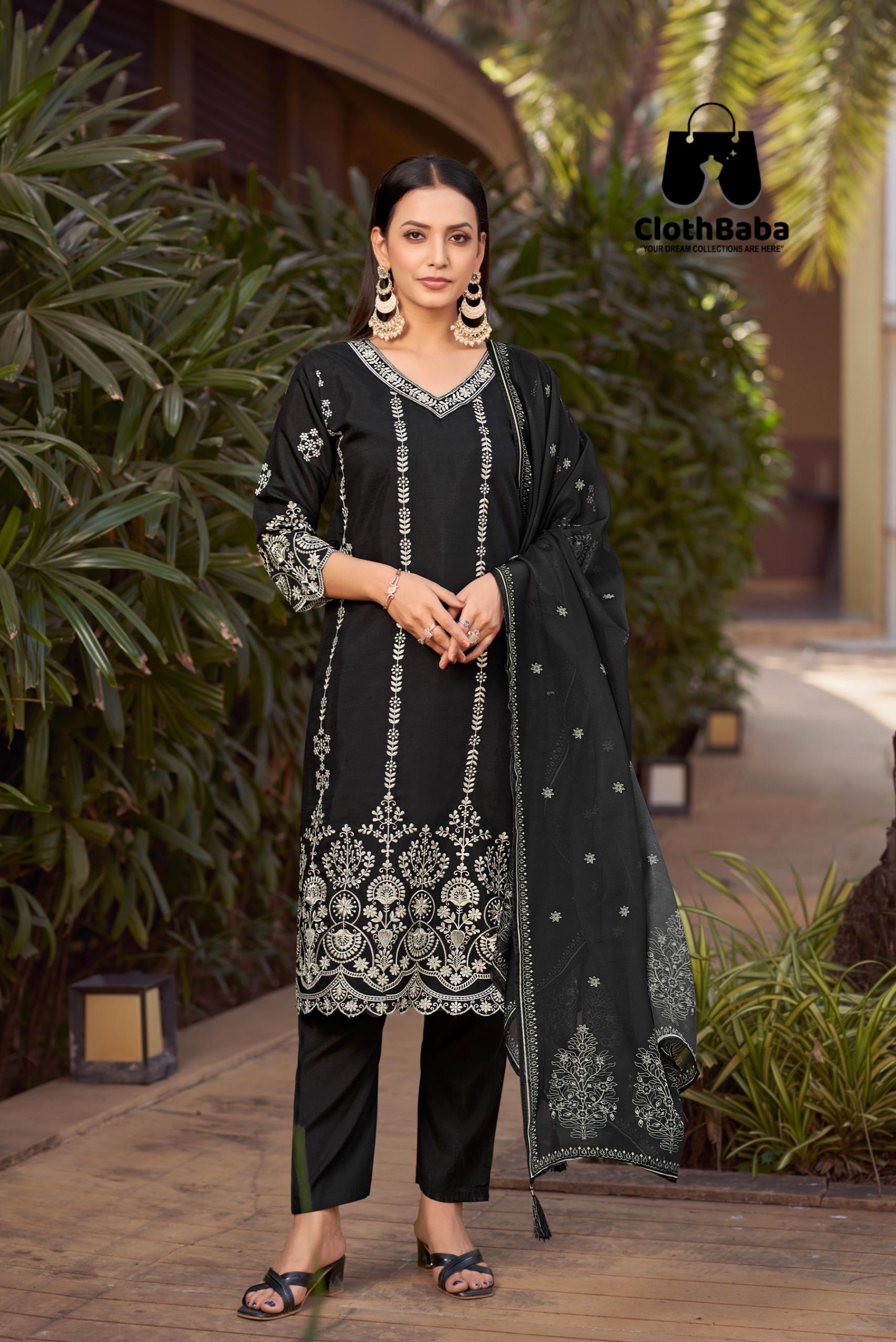 Readymade Roman Silk Suits with White Thread Work & Tabby Silk Dupatta 