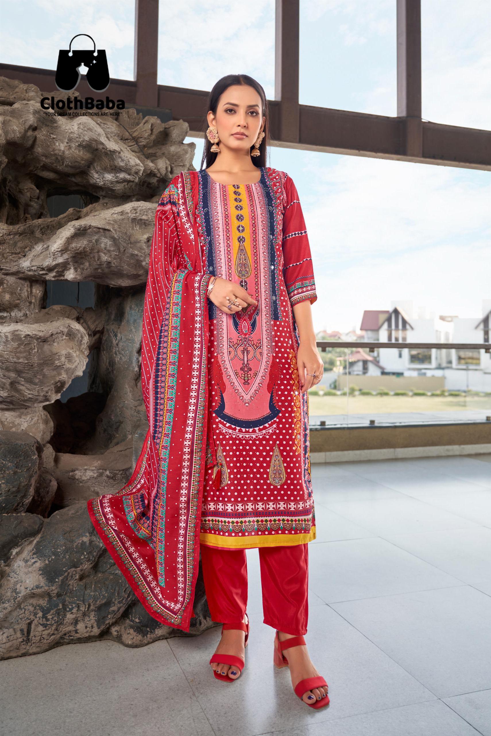 Poly Muslin Printed Suit with Handwork, Santoon Pant & Cotton Inner