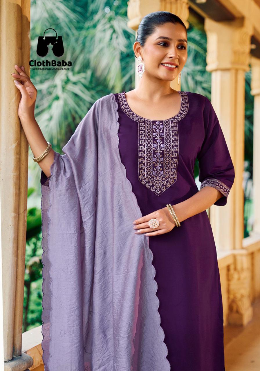 Roman Silk Embroidered Readymade Suit with Cotton Lining