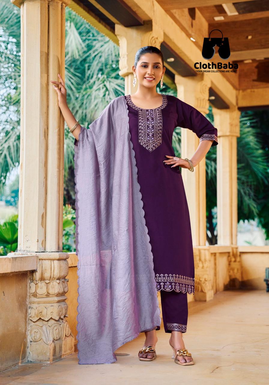 Roman Silk Embroidered Readymade Suit with Cotton Lining
