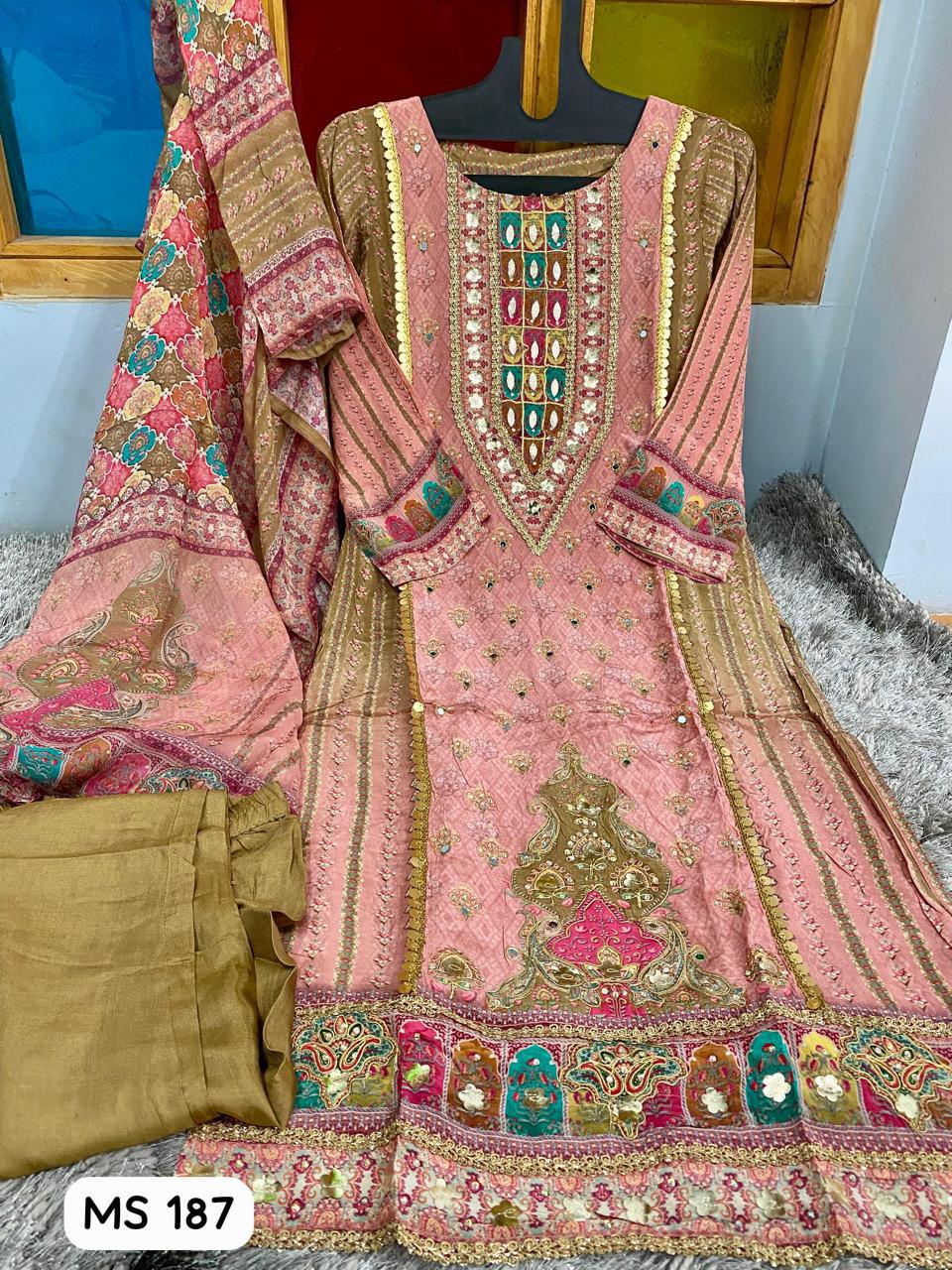 Luxury Pure Crepe Readymade Suits with Handwork Design