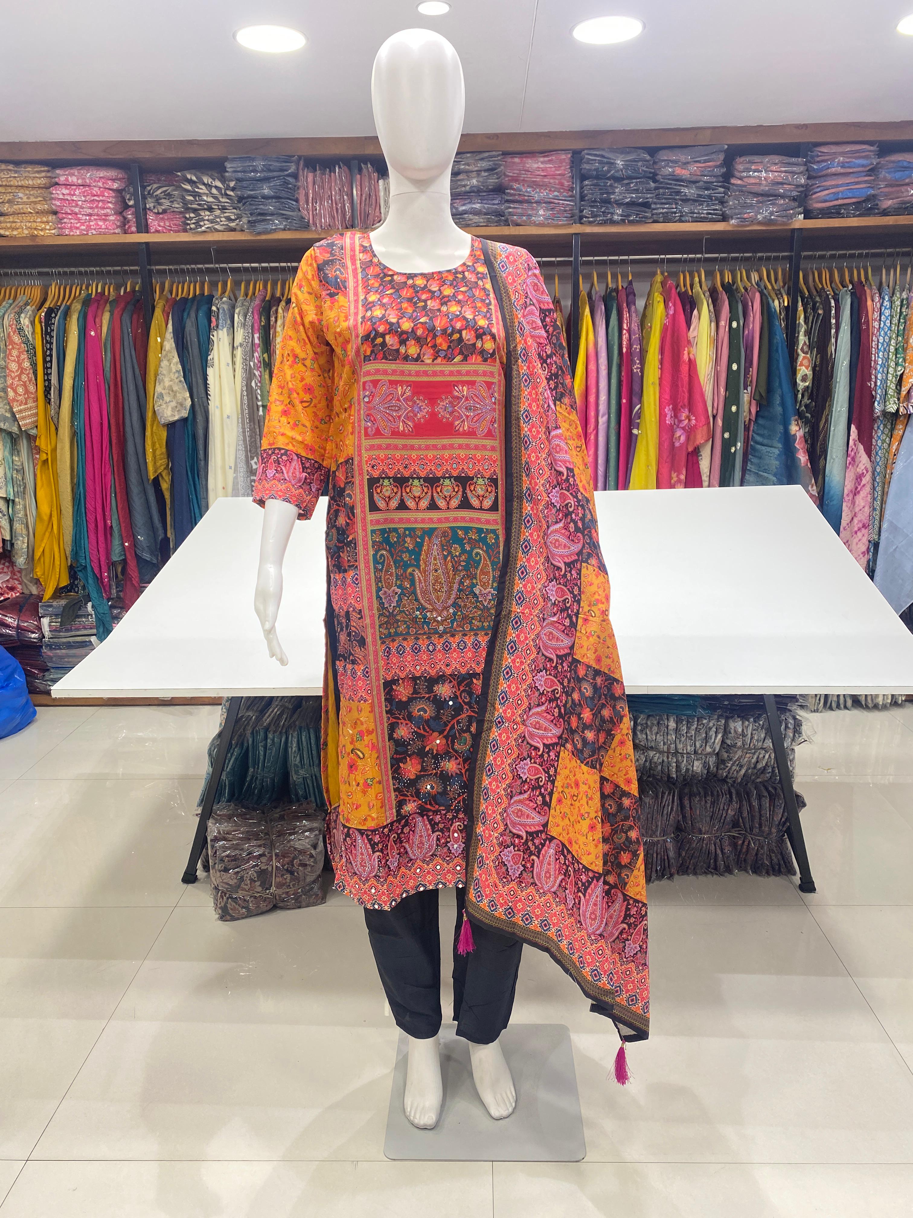 Readymade Muslin Print Suit with Handwork