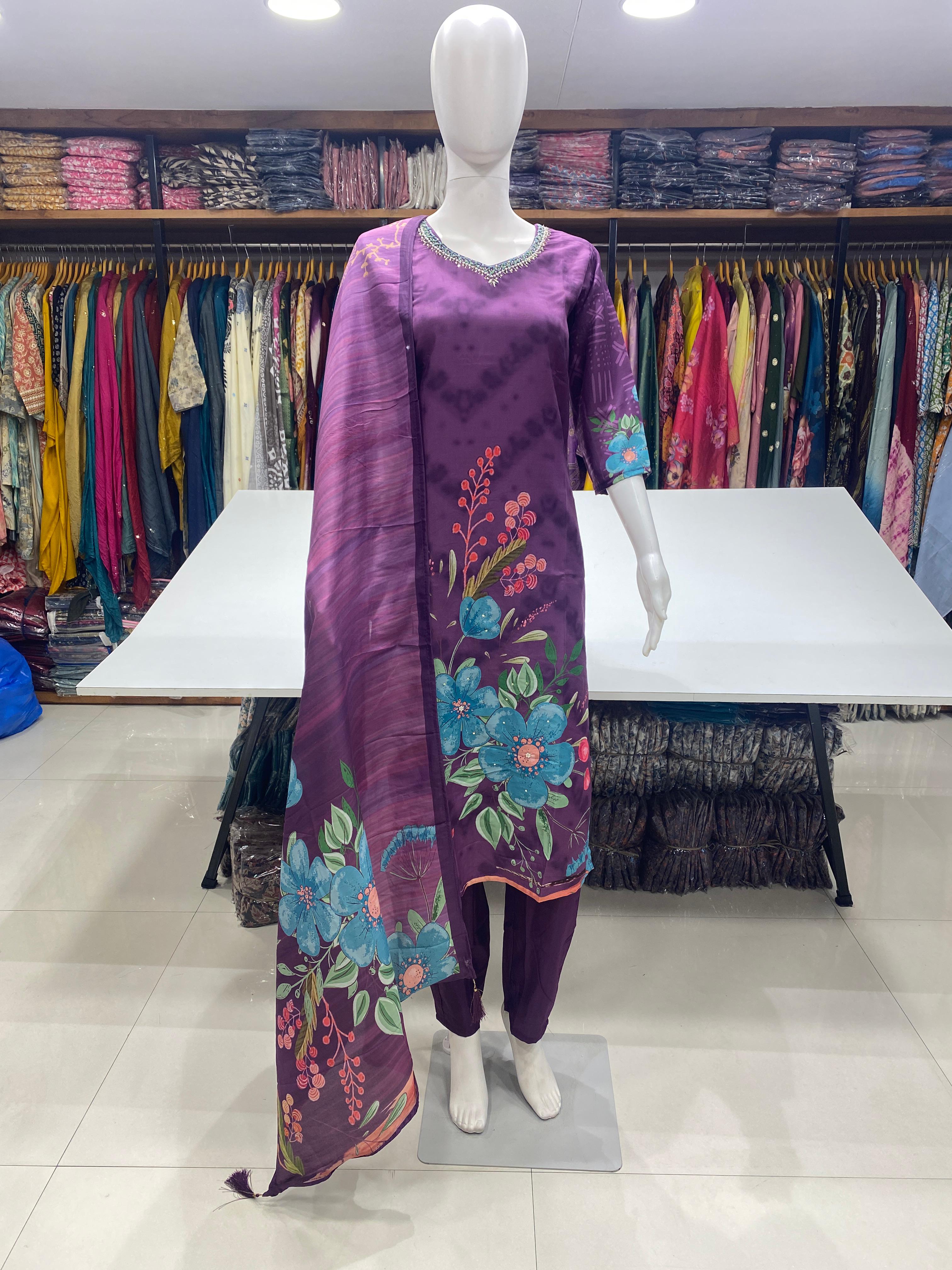 Readymade Muslin Print Suit with Handwork