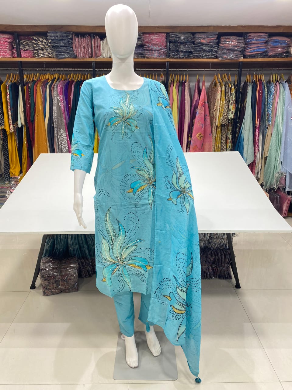 Ladies Readymade Suit with Handwork Detailing in Pure Cambric Cotton