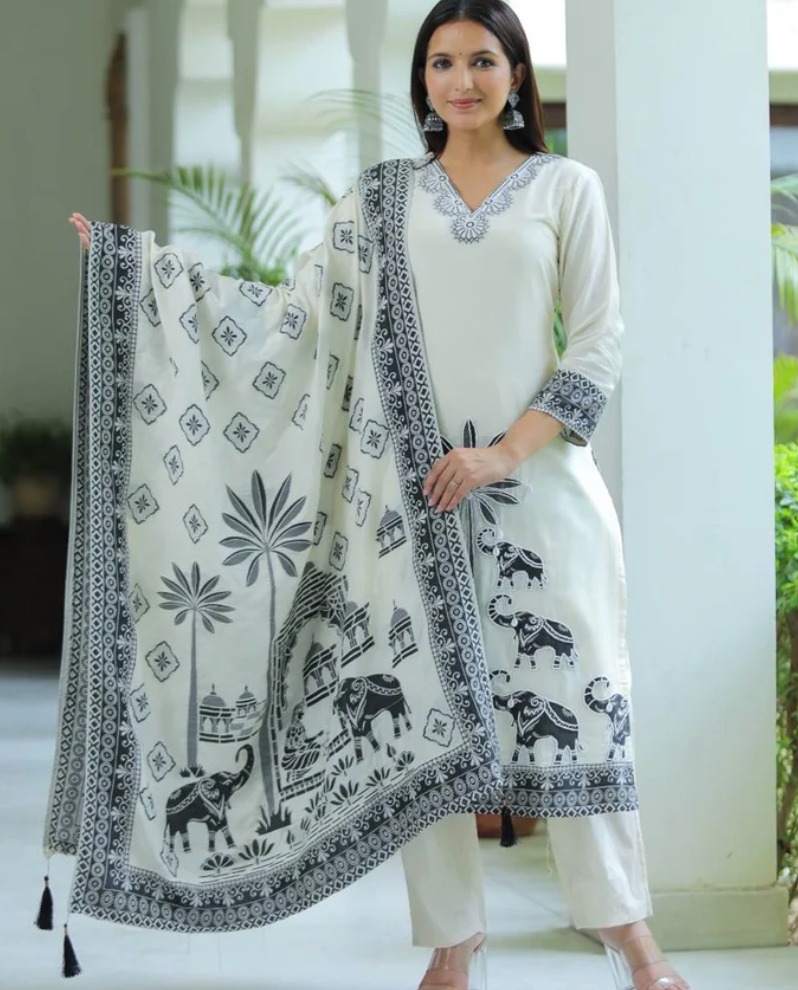 Readymade Viscose Muslin Jequred Suit with Handwork