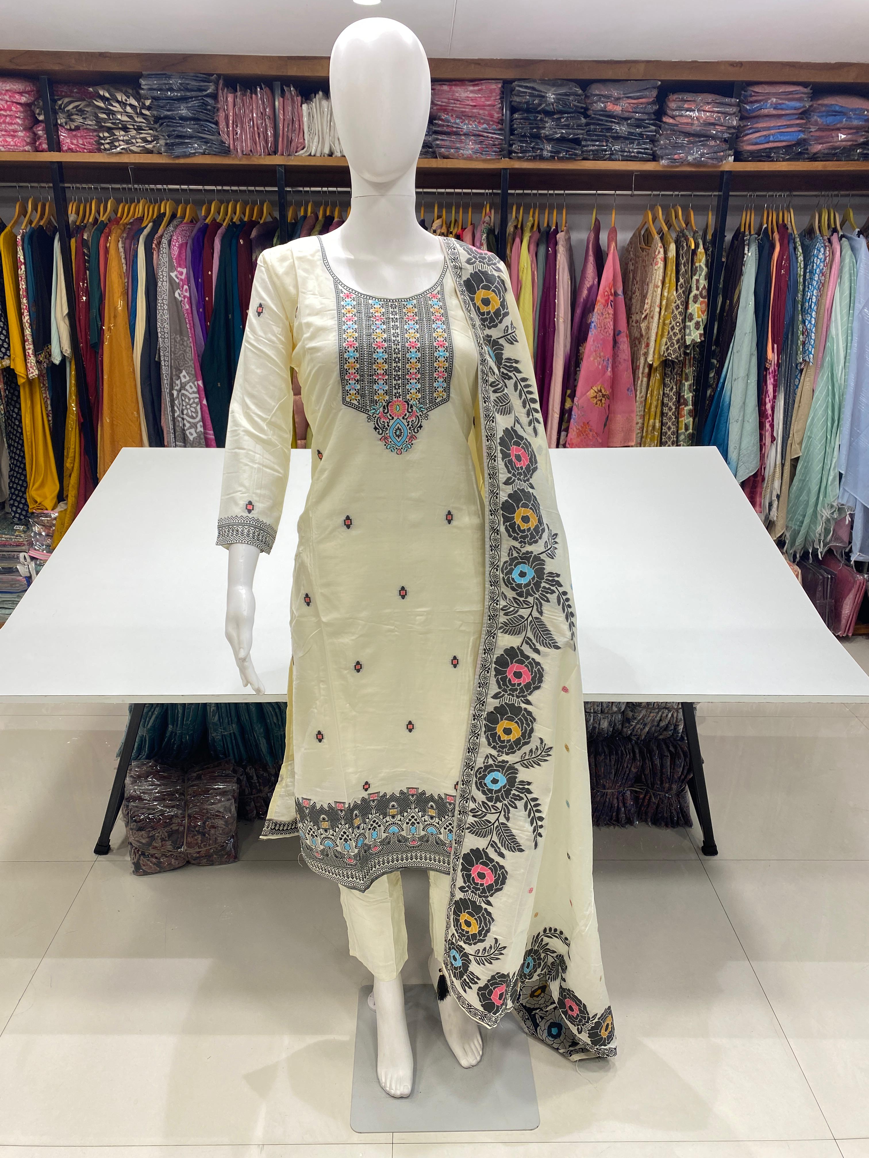  Readymade Viscose Muslin Jequred Suit with Handwork 
