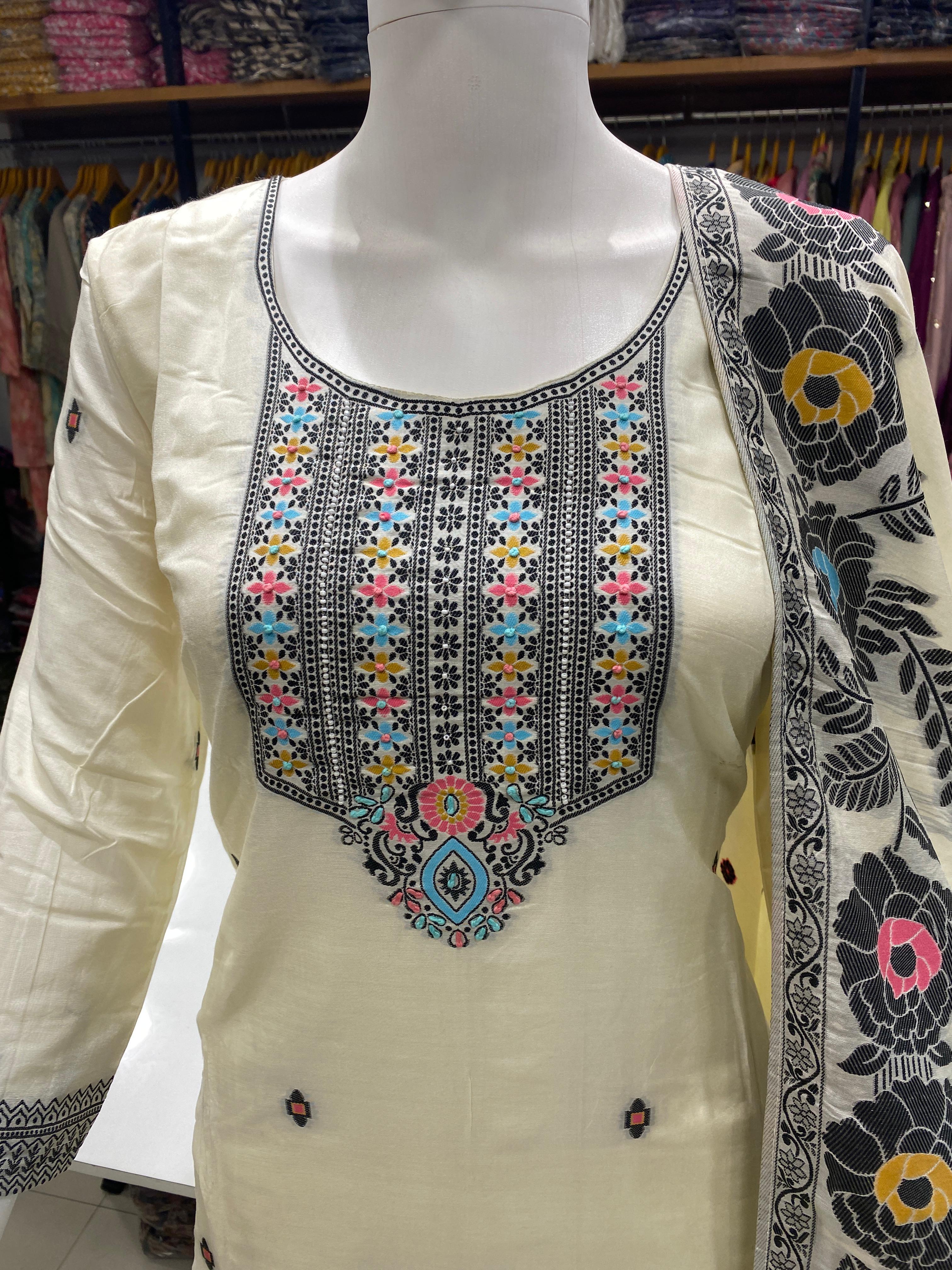  Readymade Viscose Muslin Jequred Suit with Handwork 