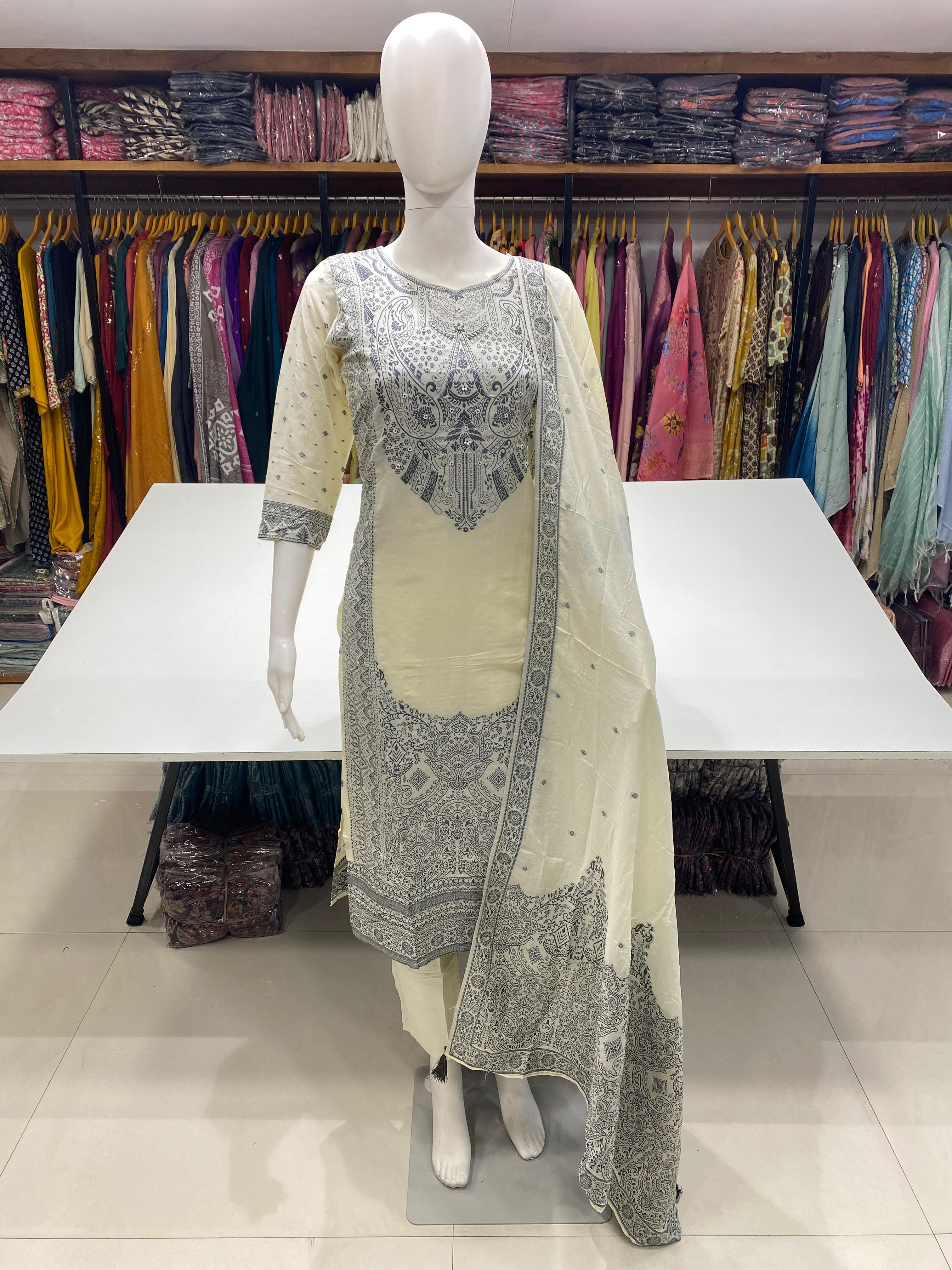  Readymade Viscose Muslin Jequred Suit with Handwork 