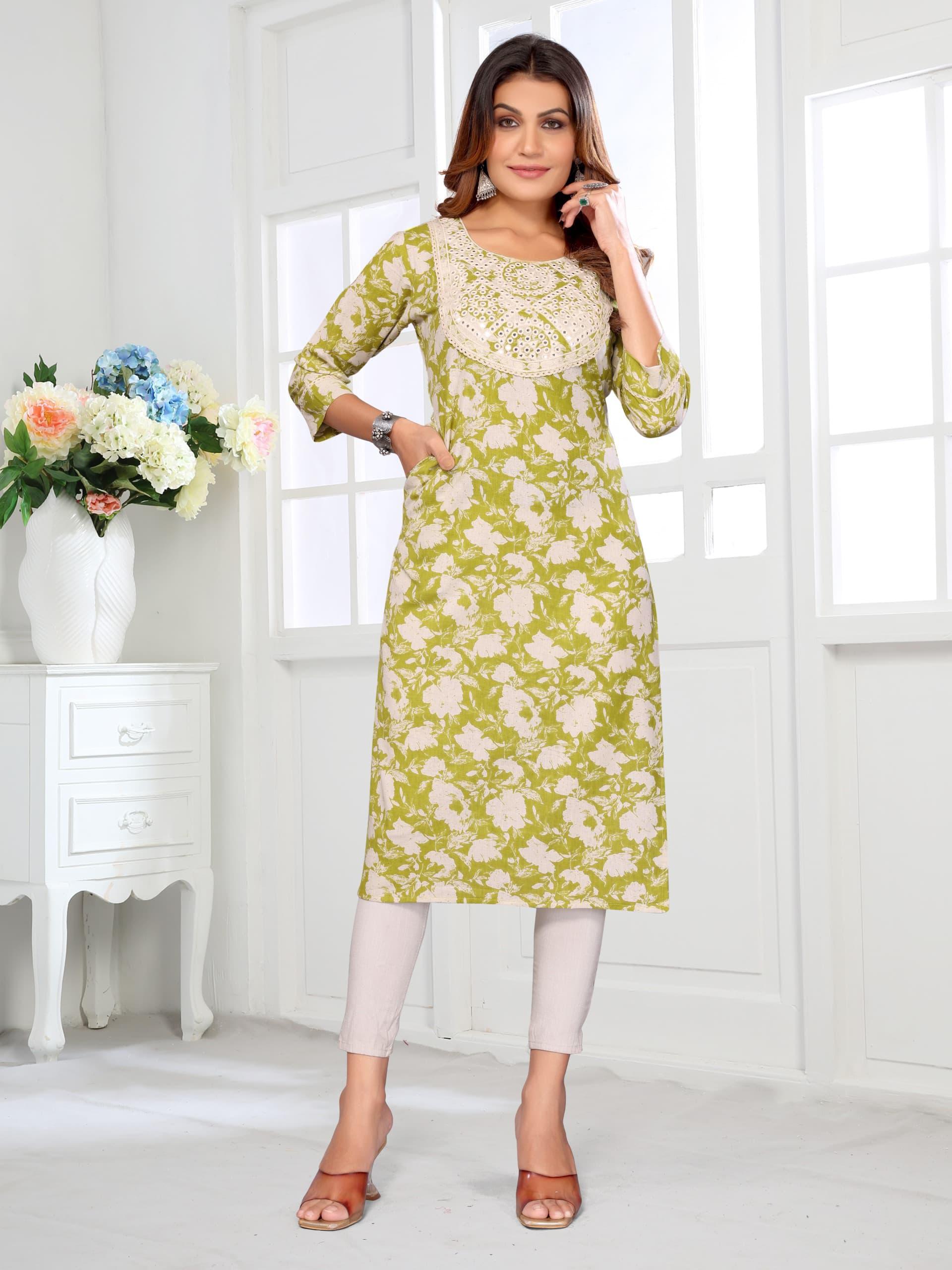 CottonFlex Print Kurti with Lakhanavi Embroidery & Pocket