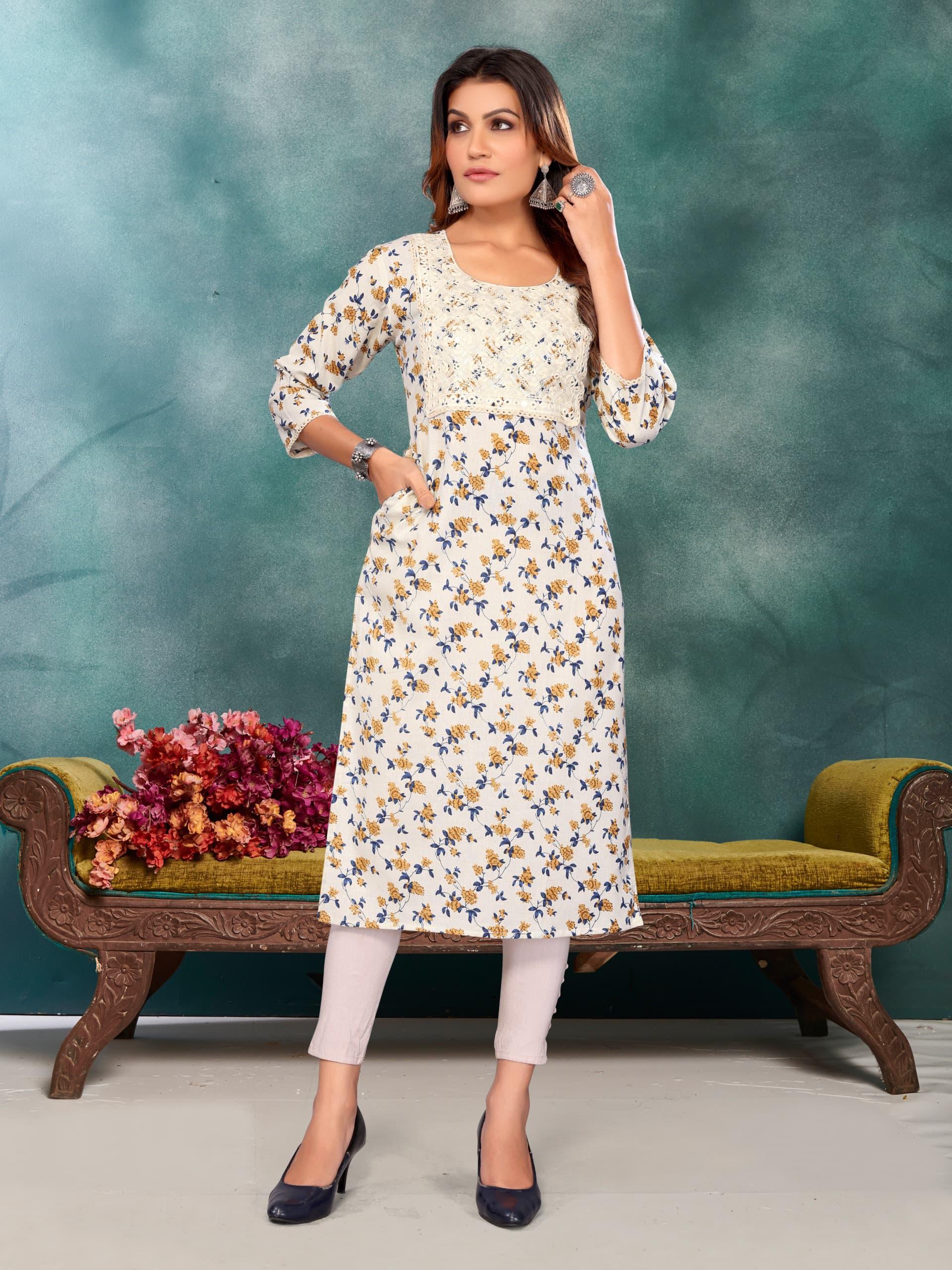 100% CottonFlex Print Kurti with Lakhanavi Embroidery & Inside Pocket