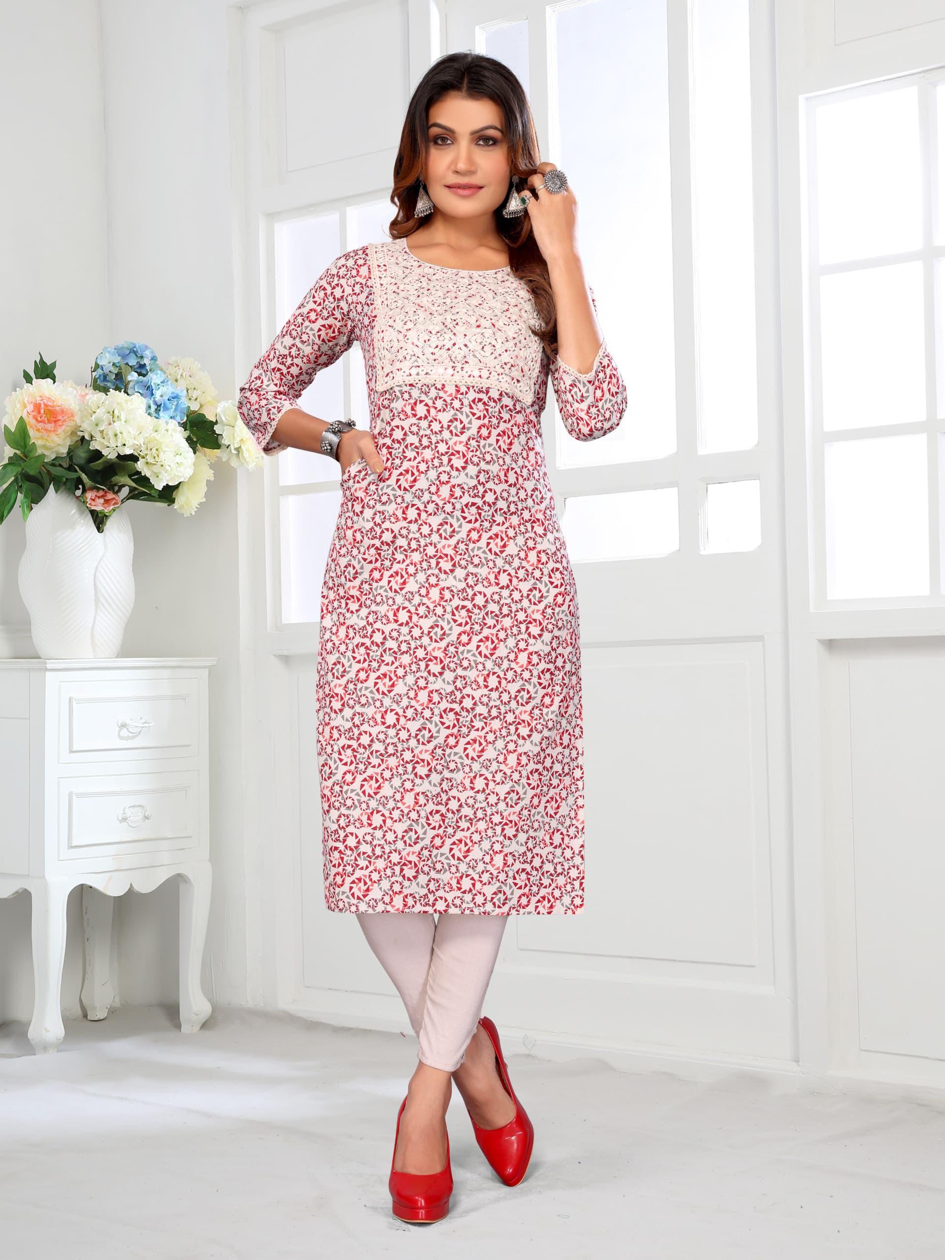 CottonFlex Printed Kurti with Lakhanavi Embroidery & Lace Detailing