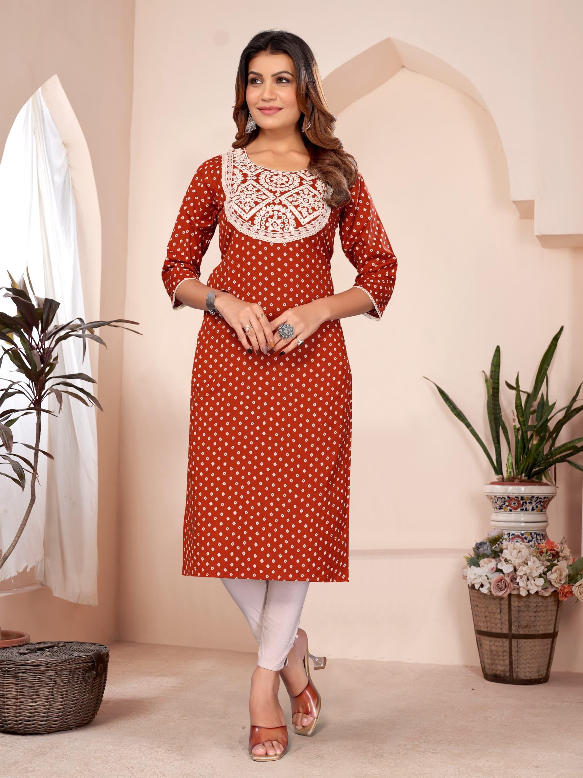 CottonFlex Print Kurti with Lakhanavi Embroidery & Lace Detailing