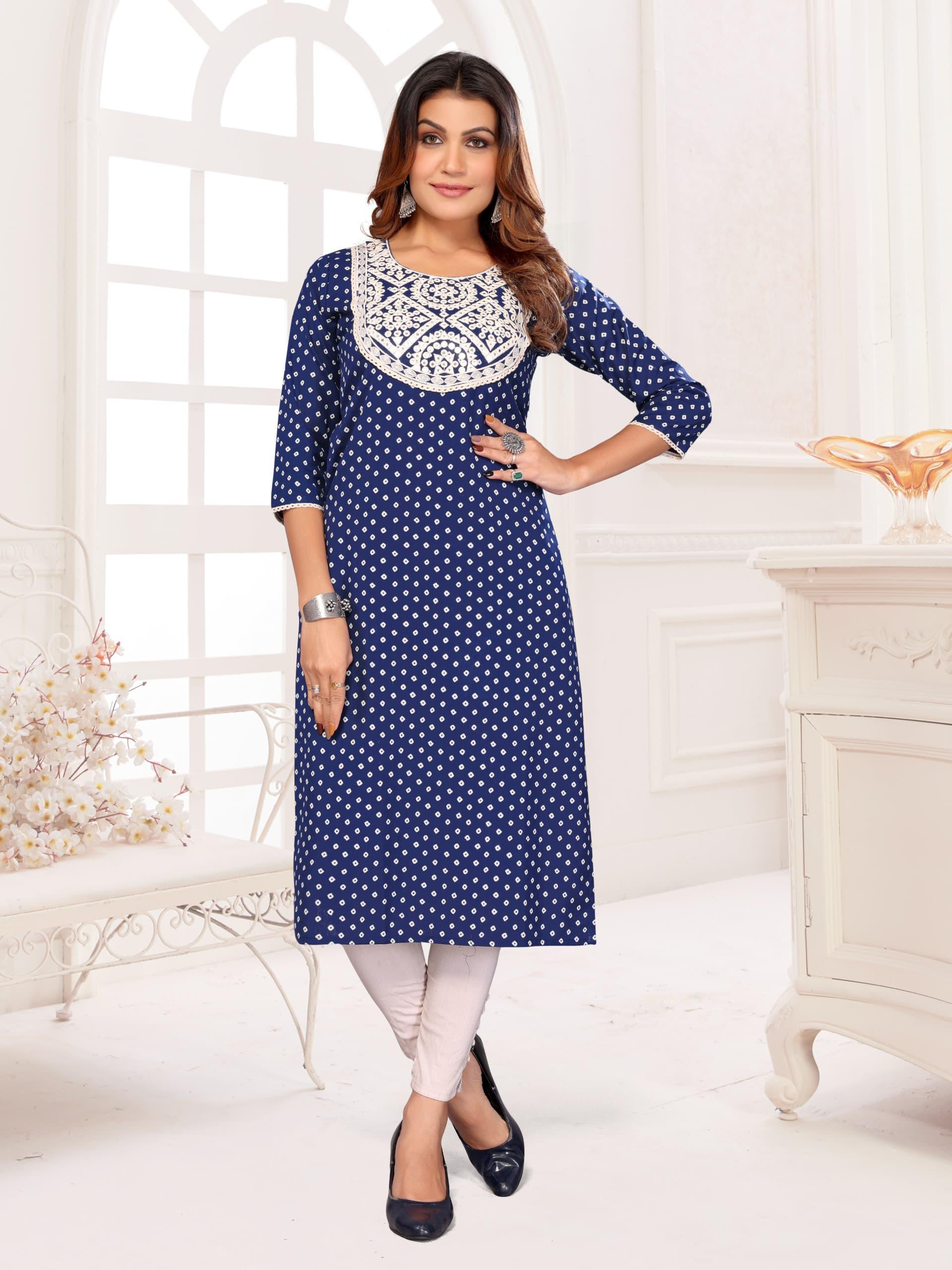 CottonFlex Print Kurti with Lakhanavi Embroidery & Lace Detailing