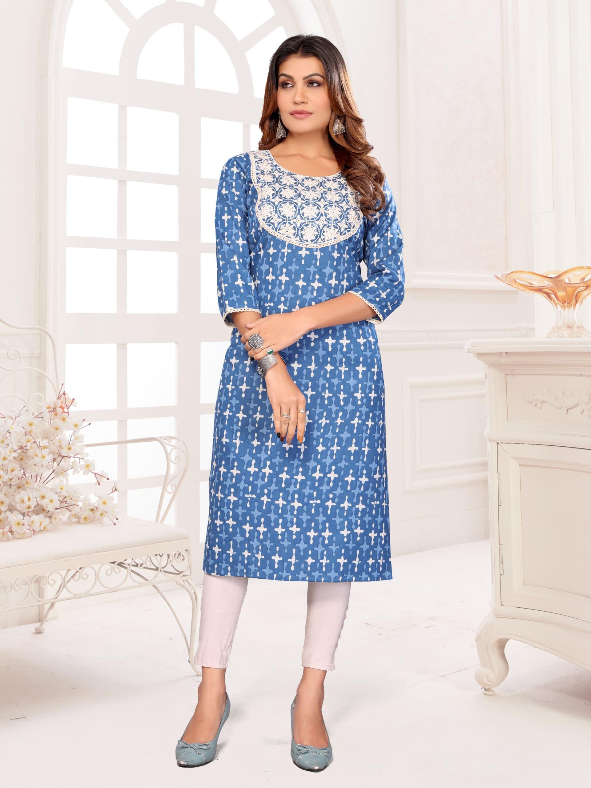 100% CottonFlex Printed Kurti with Lakhanavi Embroidery 